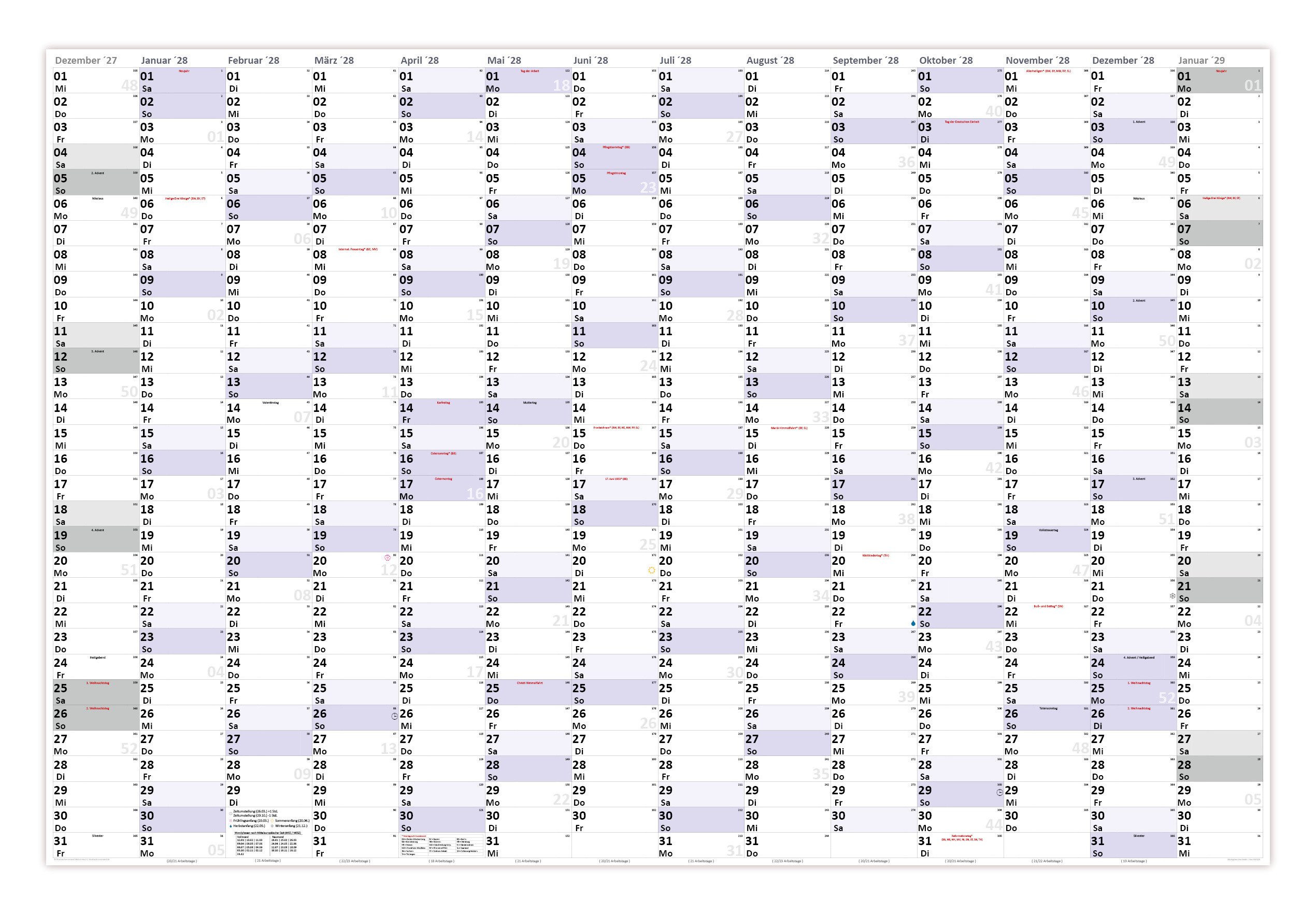 LYSCO Wandkalender XXXL Wandplaner Special A0 2028/2027 + 2028 nass abwischbar 120x80cm, das Kalendarium Layout ist für extra große Tageskästchen ausgelegt, durch die Folienbeschichtung nass abwischbar mit Folienstiften