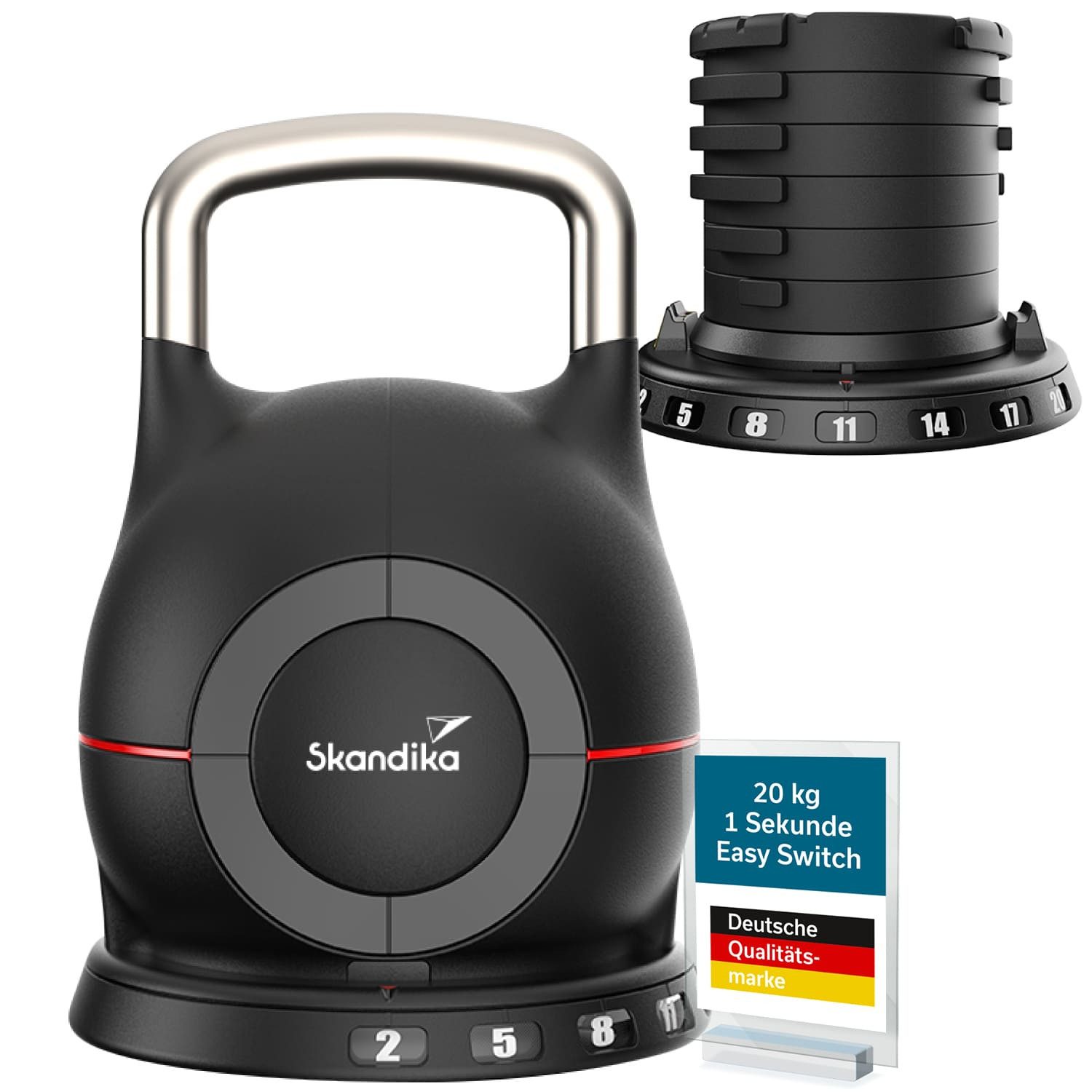 Skandika Dumbbell Kettlebell Paino, Kugelhantel verstellbar, 7 Stufen, 2 bis 20 kg, (Für Einsteiger und Fortgeschrittene, Robuste Materialqualität), All-in-One Design, Schneller Gewichte Wechsel, Kompakt, Dumbbell