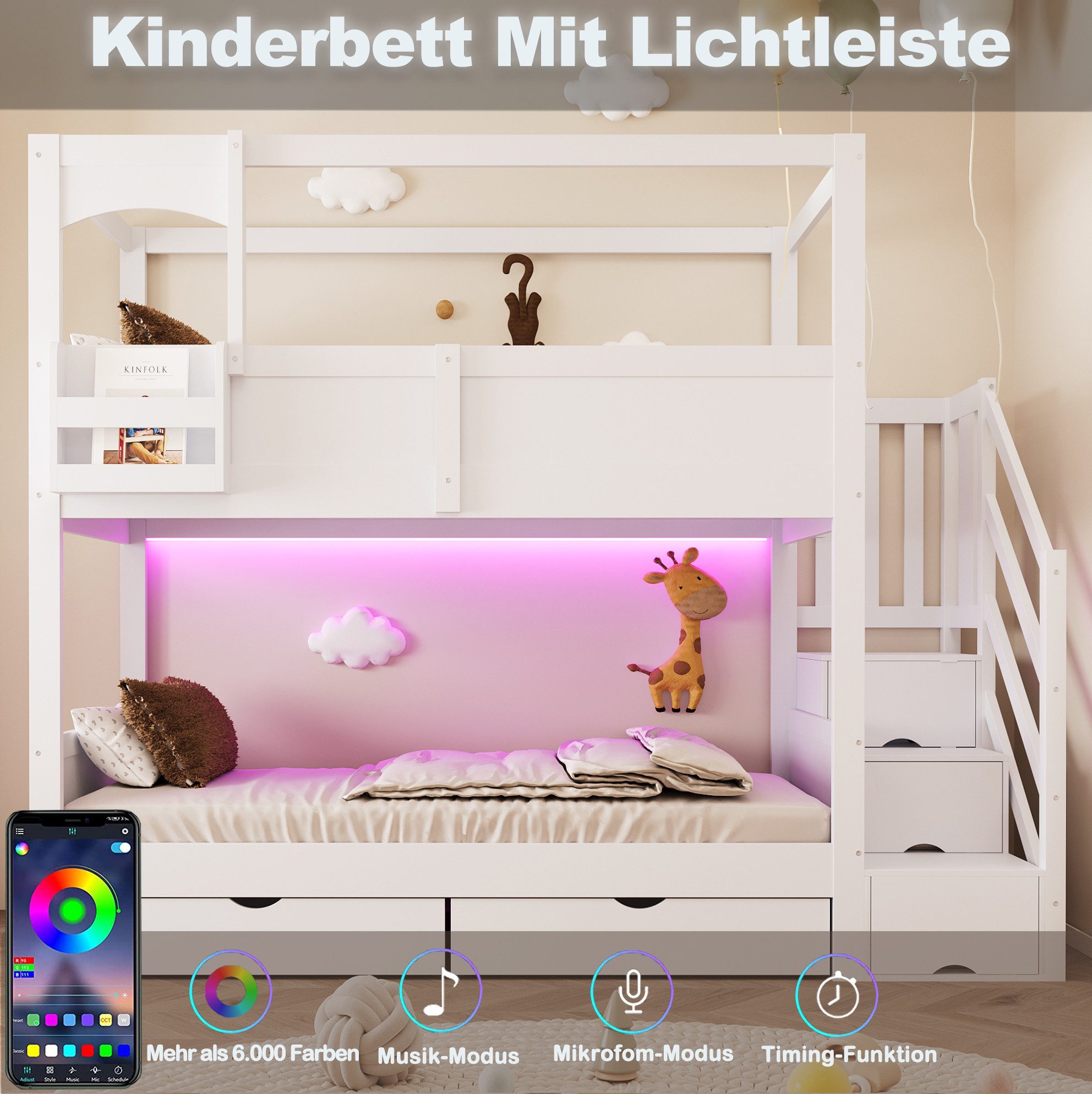 MODFU Etagenbett Jugendbett mit praktischen Staufächern, Gästebett (Kinderbett 90x200 cm, integrierter Kreidetafel, sicherer Leiter und Schubladen, Funktionsbett Holzbett), ohne Matratze