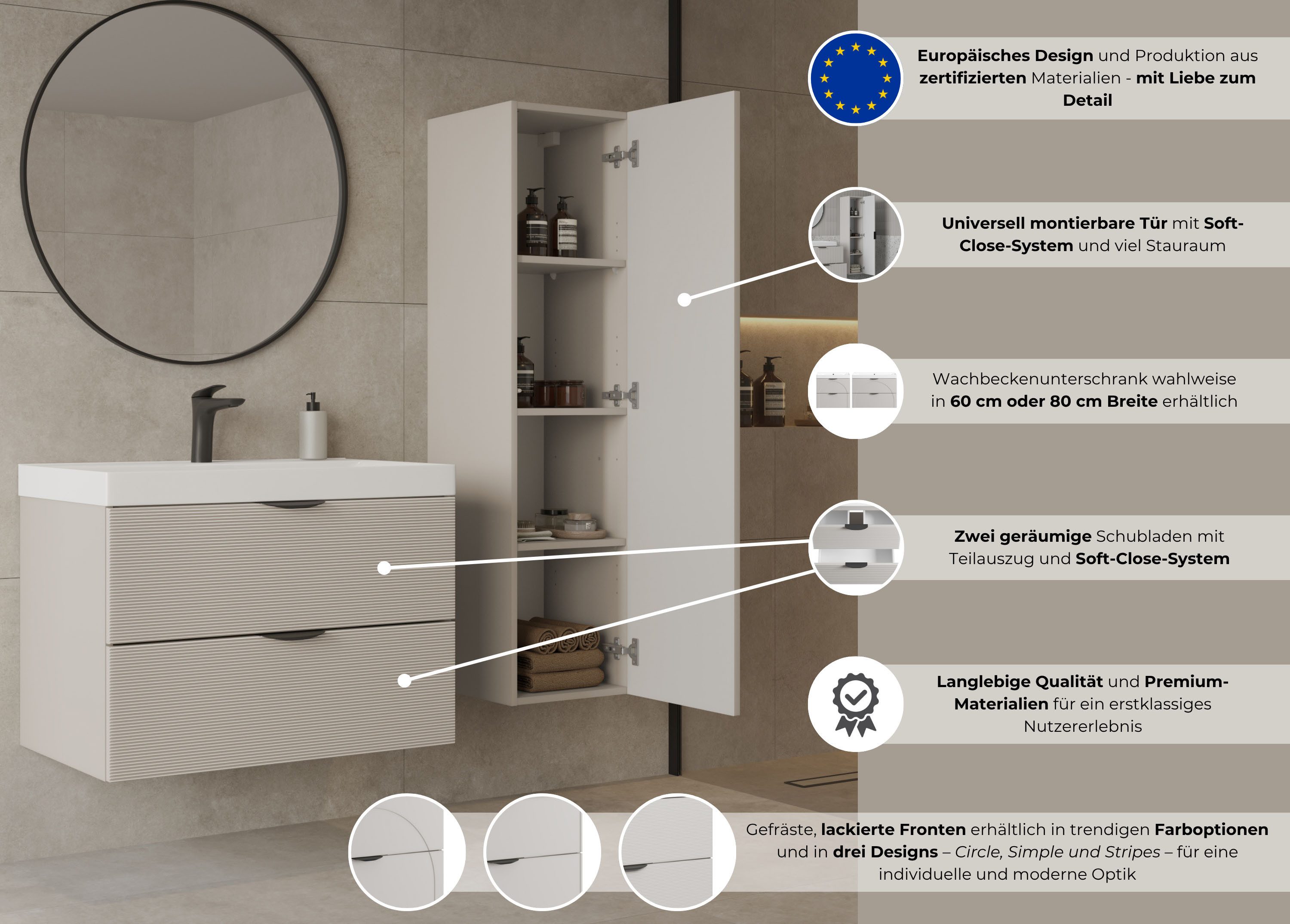 welltime Waschtisch FLOW STRIPE mit Waschbecken, Breite 60 oder 80cm, modernes Design, Schrank mit 2 Schubladen, Soft-Close-Function, in 2 Breiten erhältlich