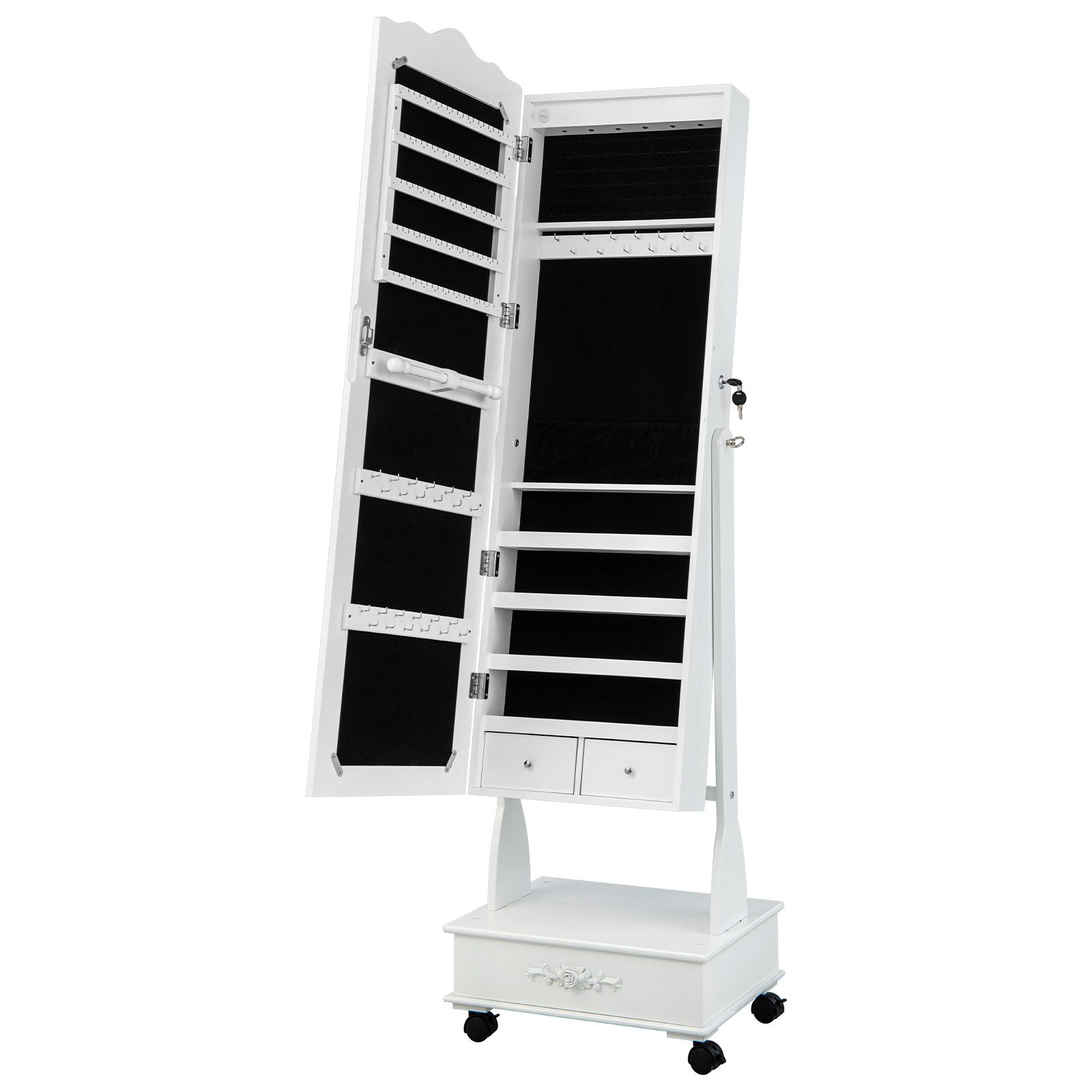 COSTWAY Schmuckschrank mit Spiegel & LED,Schubladen,auf Rollen,abschließbar