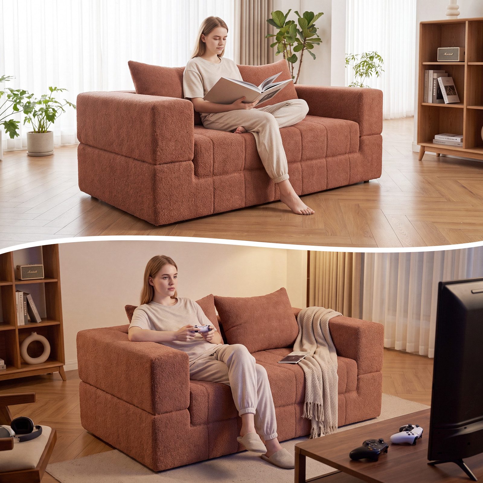 HOMALL Sofa Teddy-Bouclé-Stoff Vollschaumcouch mit Vakuum-Kompression, (Klappbares Schlafsofa,Couch 2 Sitzer mit 2 Kissen,kein Aufbau notwendig) – Bild 4 von 5