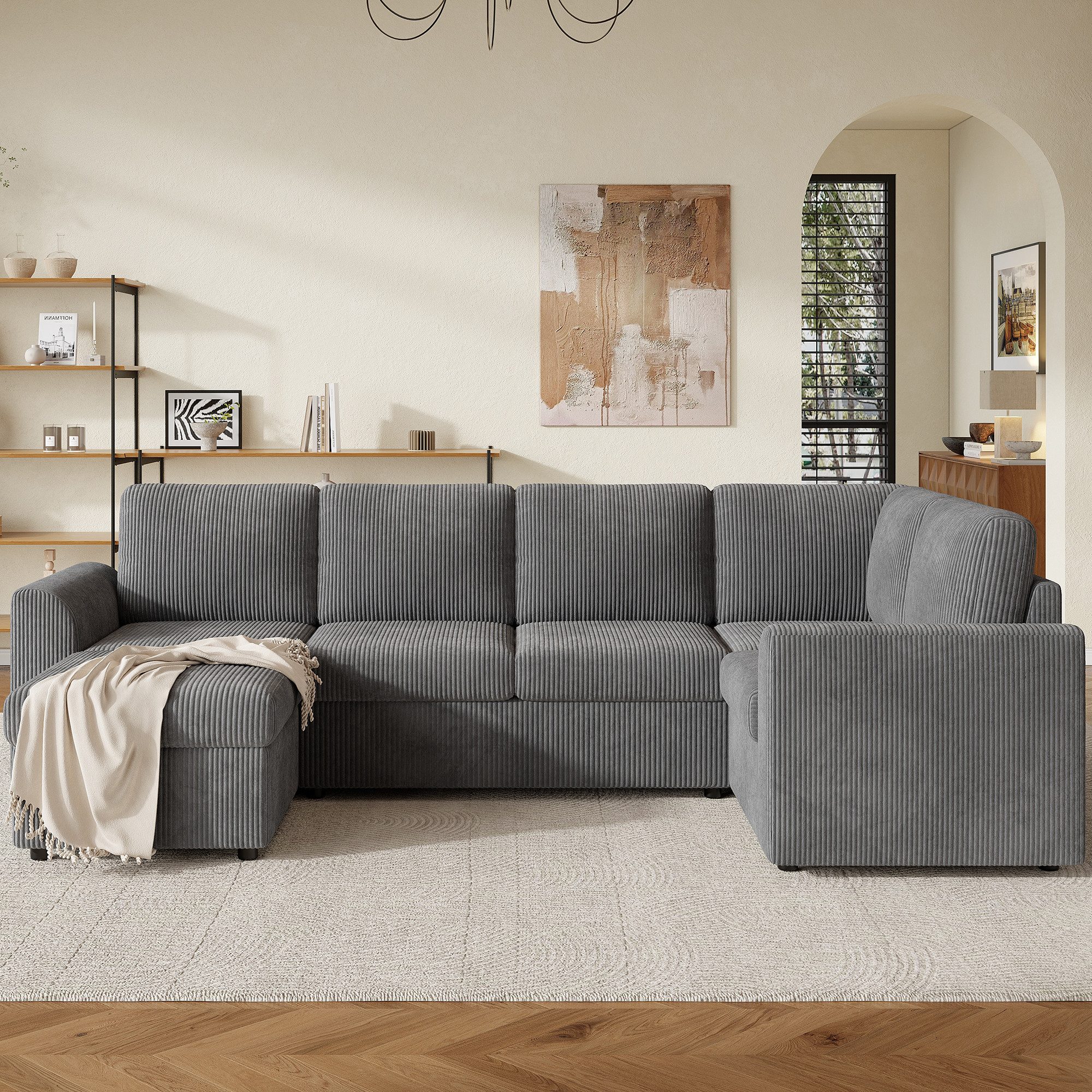 MODFU Ecksofa Modernes Sofa mit Stauraumhocker, chenille L-förmiges Ecksofa mit Armlehnen, 1 beweglicher multifunktionaler Hocker 1 Teile