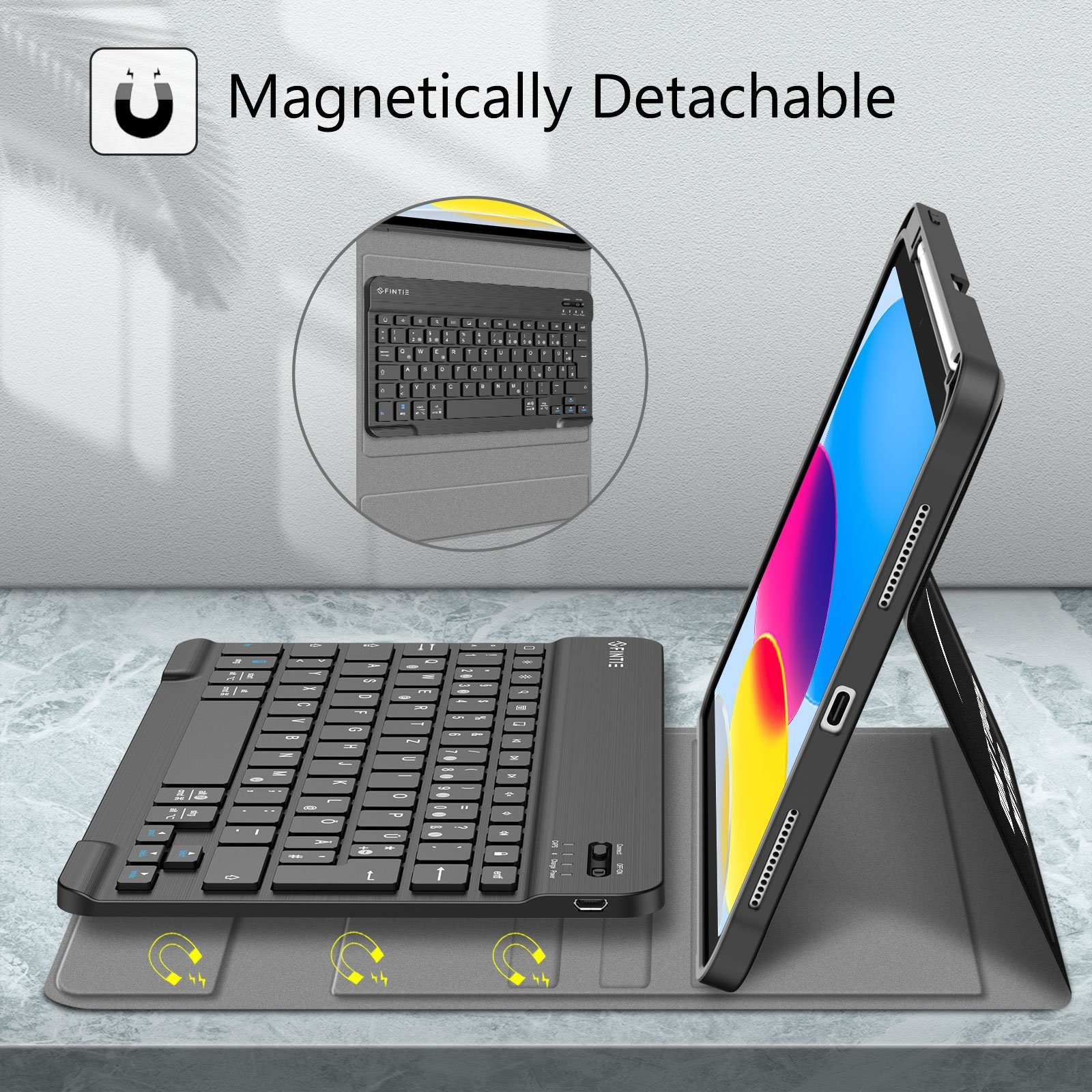 Fintie für iPad 11. Generation 11" 2025(A16), iPad 10. Generation 2022 10.9" Apple-Tastatur (Case mit Pencil Halter, magnetisch Abnehmbarer Tastatur(QWERTZ Layo – Bild 3 von 5