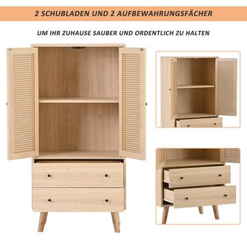 IDEASY Sideboard Aufbewahrungsschrank, Badezimmerschrank, 60 cm breit, (Rattan-Schranktür, Holzbeine, mit 2 Schubladen und 2 Türen), 60 x 40 x 120 cm