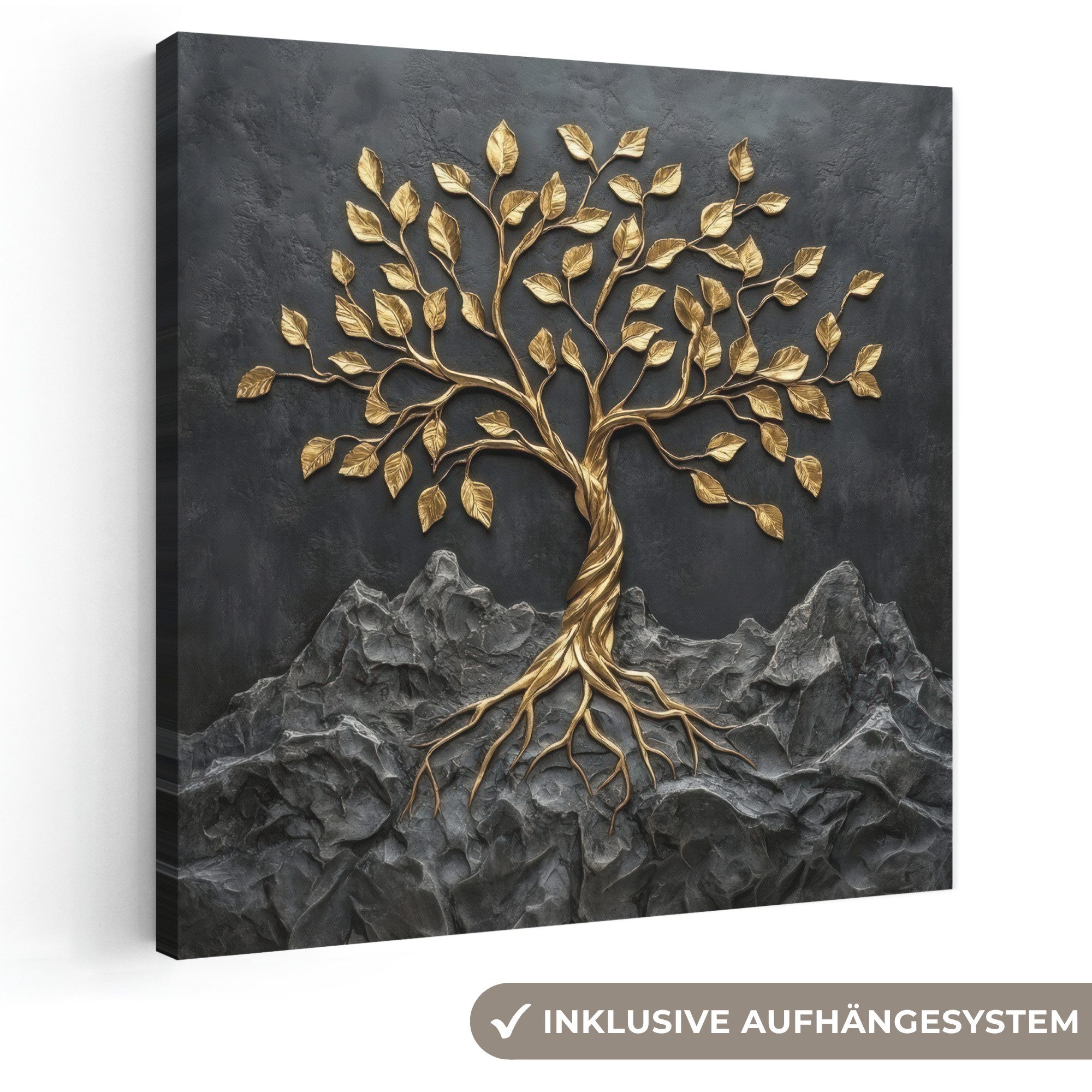 OneMillionCanvasses® Leinwandbild Blätter - Gold - Baum - Fels, Fotodruck (1 St), Wandbild, Deko Schlafzimmer Wohnzimmer Flur 20x20 cm