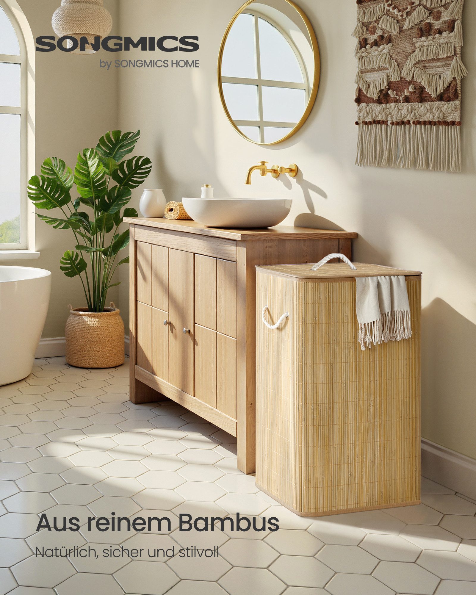 SONGMICS Wäschekorb, Wäschekorb mit Deckel, 60/90 L, Wäschesammler Bambus, faltbar