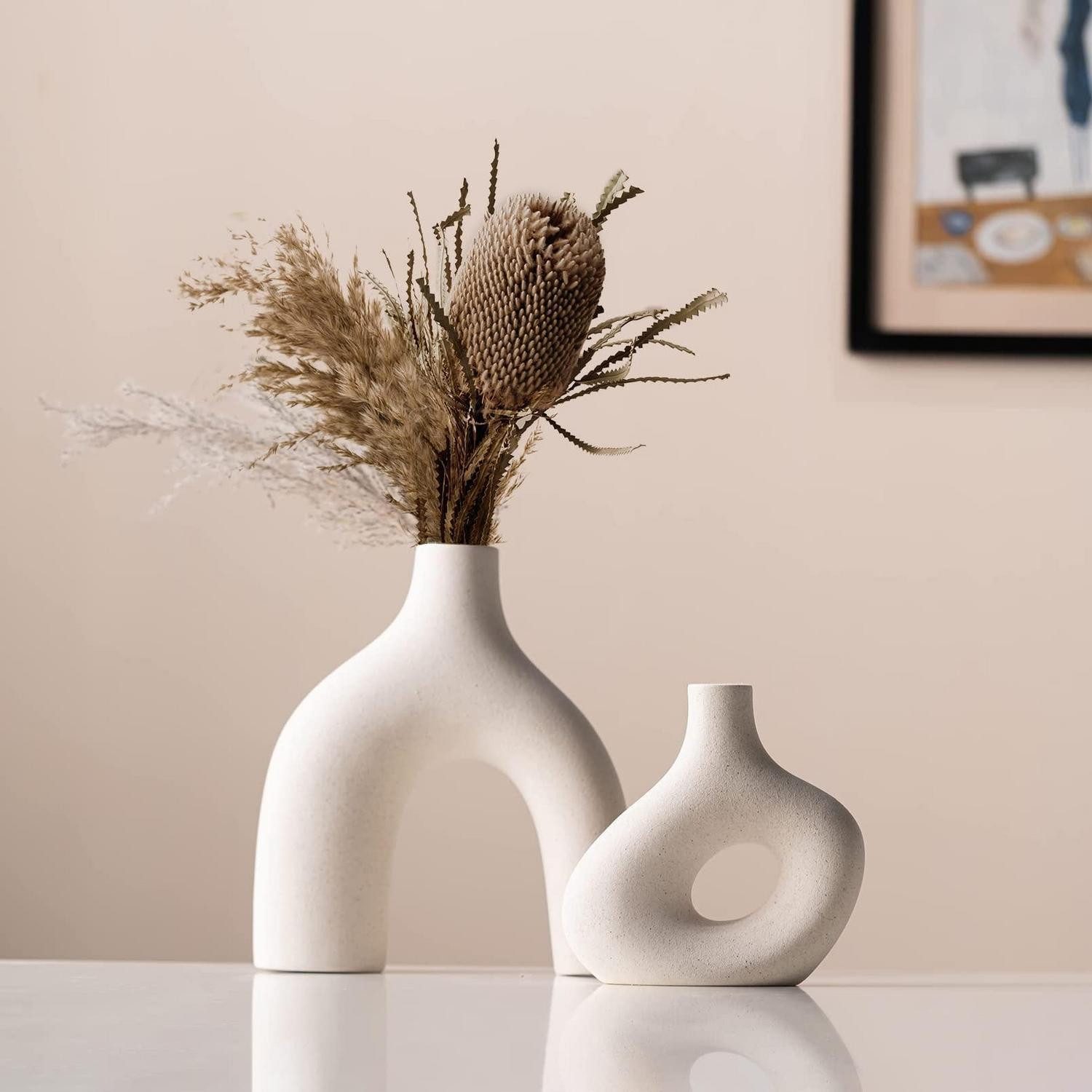 LuxusKollektion Dekovase Beige Keramik Vase Set 24cm Modern Deko Boho (2 St)