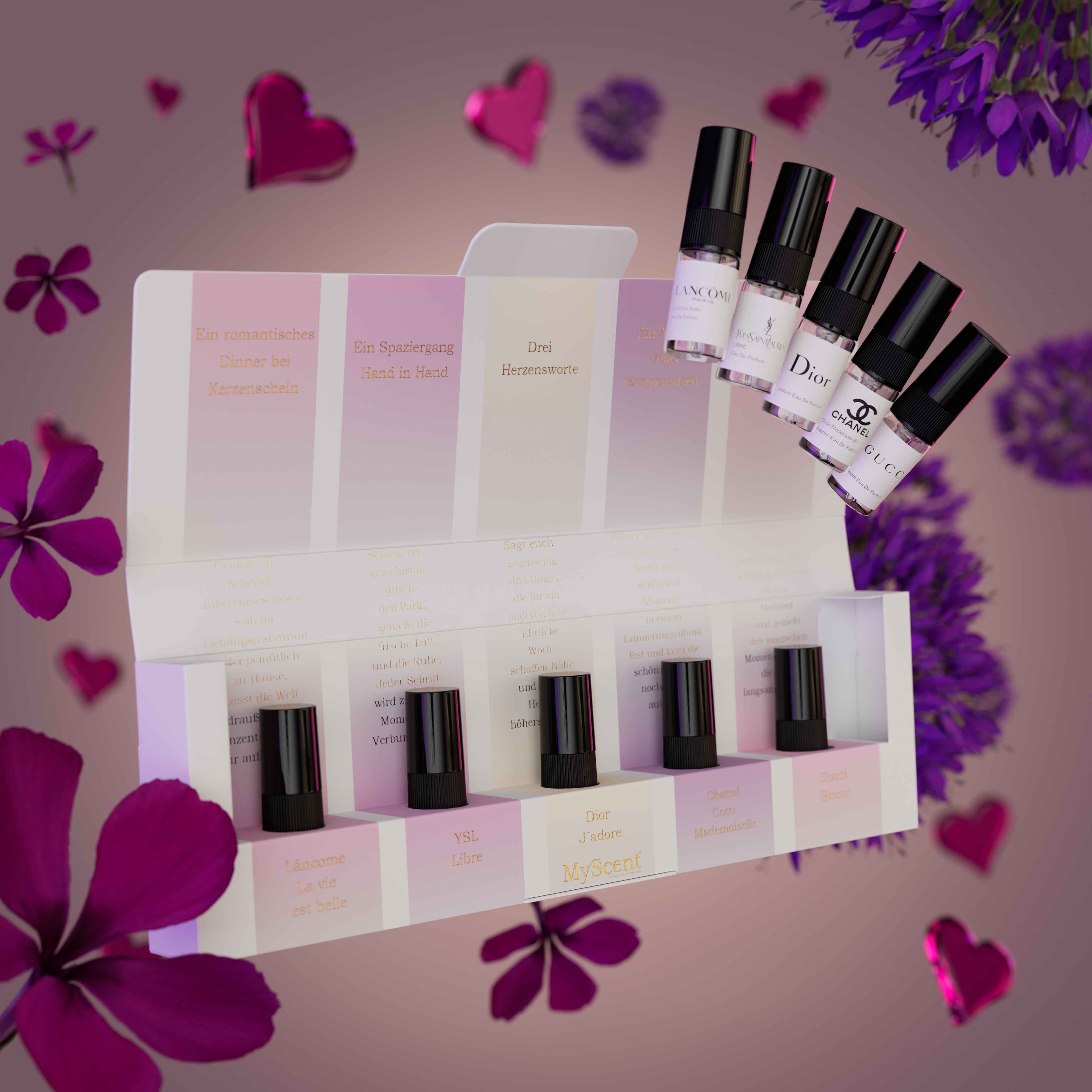 MyScent® Duft-Set Valentinstag Geschenk Mann & Frau, 5 Bestseller Düfte mit 5 Aufgaben für besondere Momente