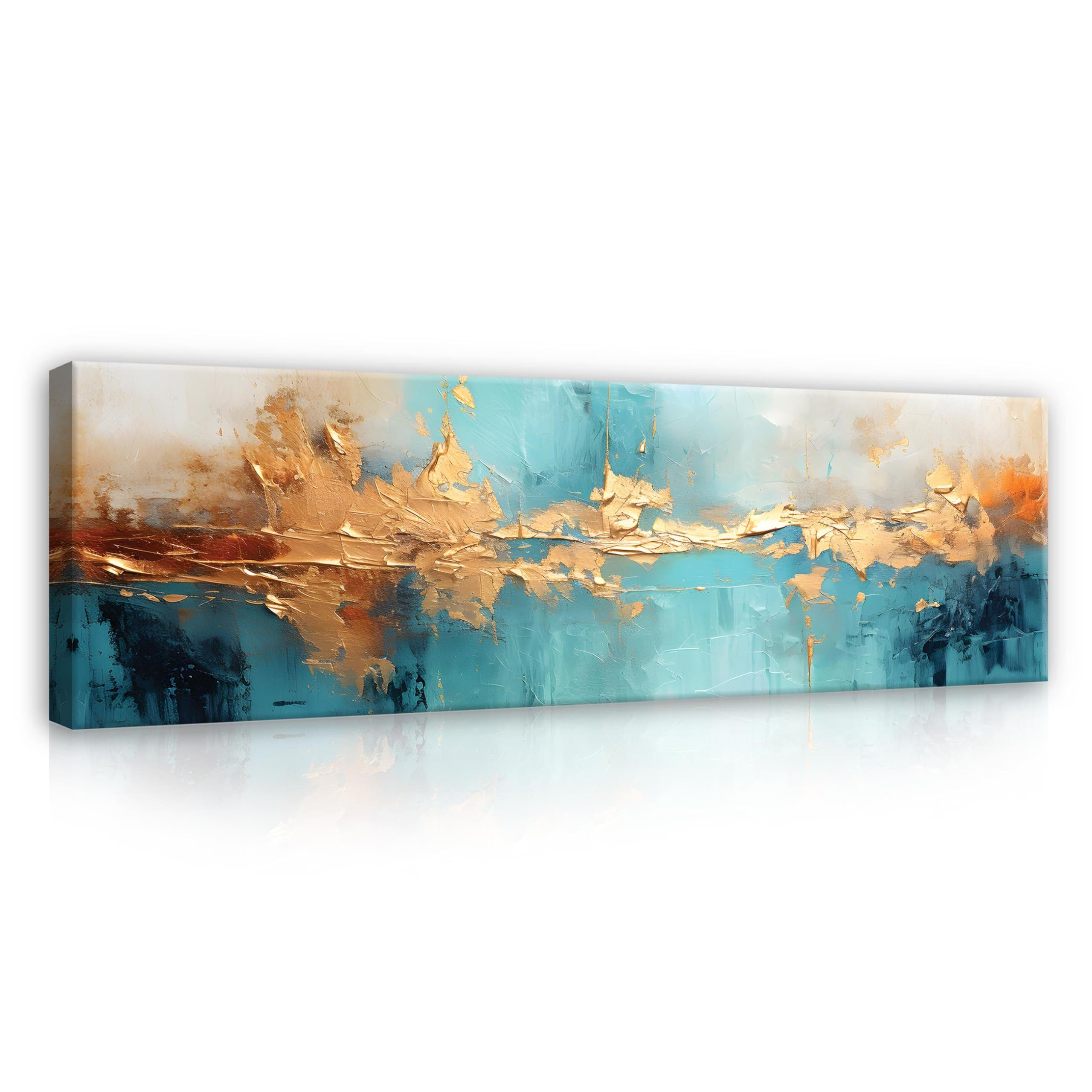 Wallarena Leinwandbild Abstraktion in Türkis und Gold für das moderne Wohnzimmer, Abstrakt (1 St), mit Holzrahmen wandfertig montiert …