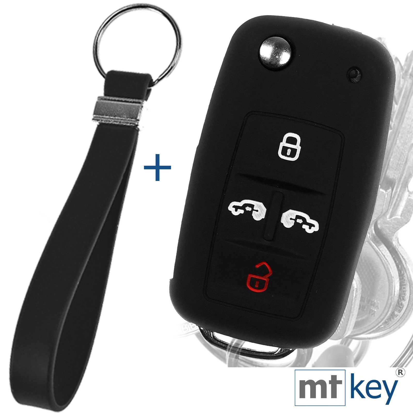mt-key Schlüsseltasche Design Multivan T5 Schlüsselband, Autoschlüssel Caddy Alhambra Tasten Schutzhülle 4 Schwarz T6 Wabe + Sharan für VW Schlüssel Seat Silikon