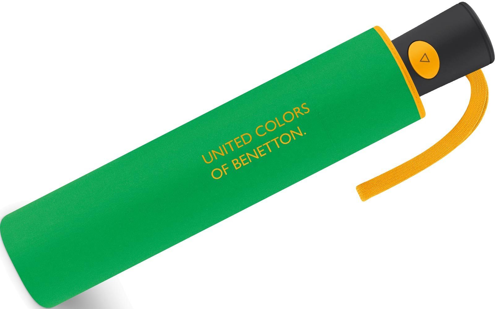 United Colors of Benetton Taschenregenschirm am Schirmrand grün-gelb Damen-Regenschirm schöner mit - mit Auf-Automatik, Kontrastfarben