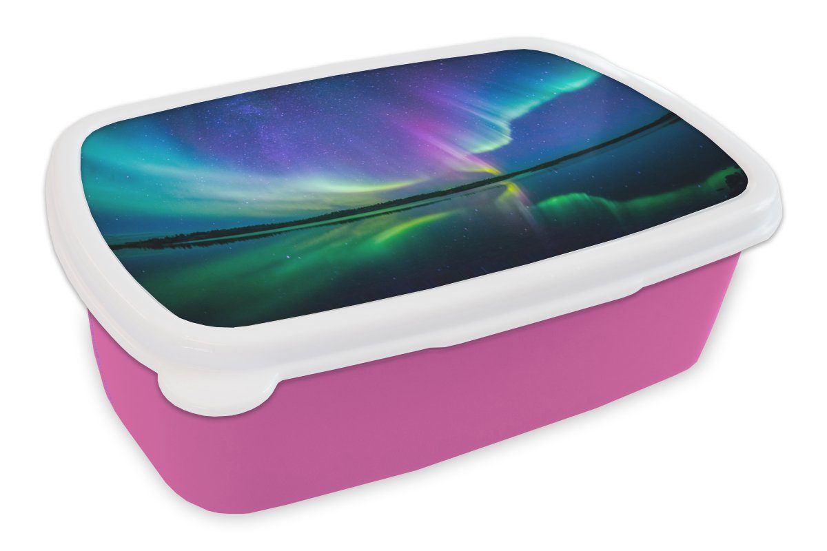 Brotbox Mädchen, Snackbox, - (2-tlg), Brotdose MuchoWow Reflexion, Sternenhimmel für - Kunststoff Kinder, Erwachsene, Kunststoff, Nordlicht rosa Lunchbox