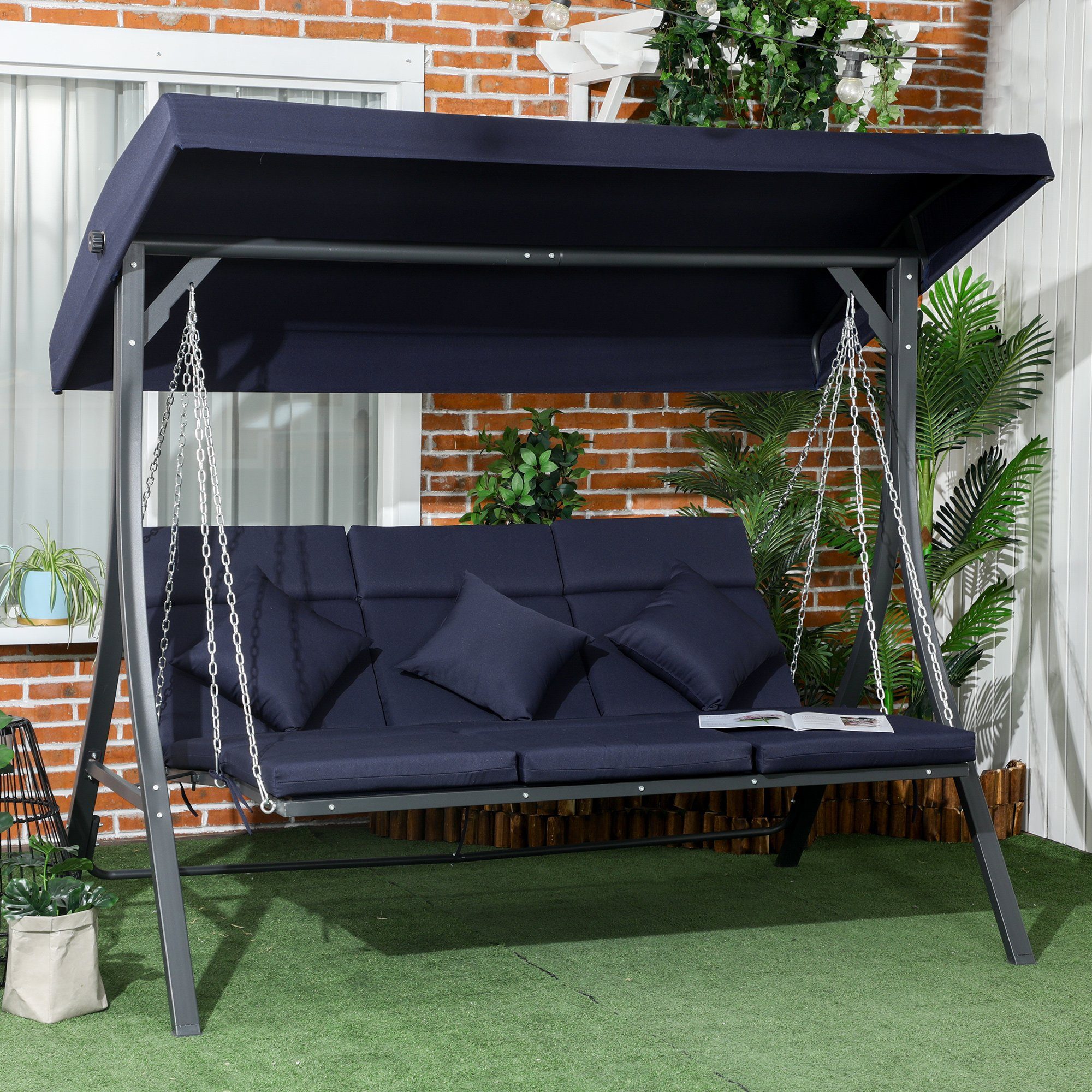 Outsunny Hollywoodschaukel Gartenschaukel mit Sonnendach, 3-Sitzer, Verstellbares Dach, Schaukelstuhl, 1 tlg., Schaukelbank, für Garten, Balkon, Dunkelblau