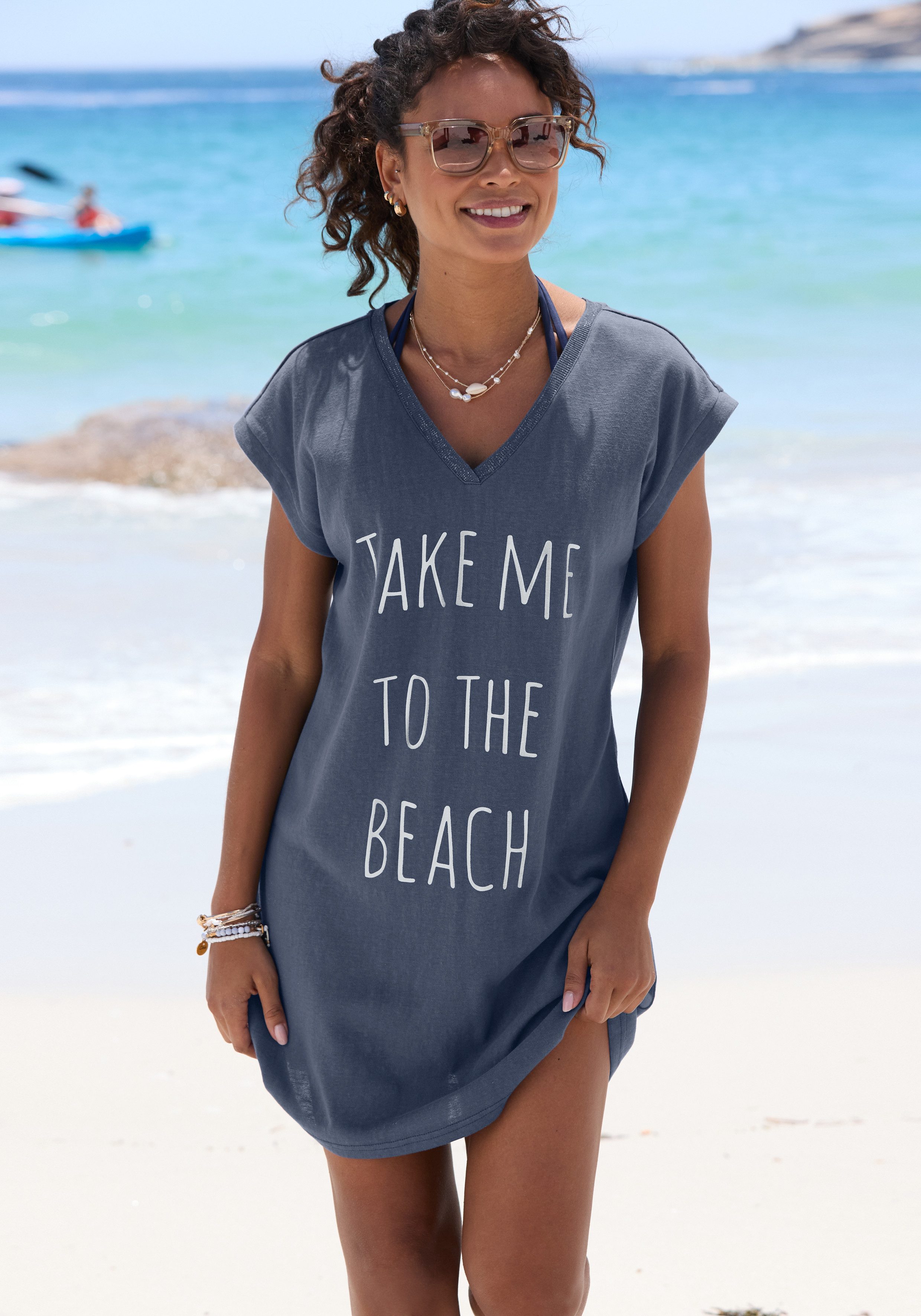 Longshirt mit glänzendem Foliendruck vorne, kurzes T-Shirt-Kleid