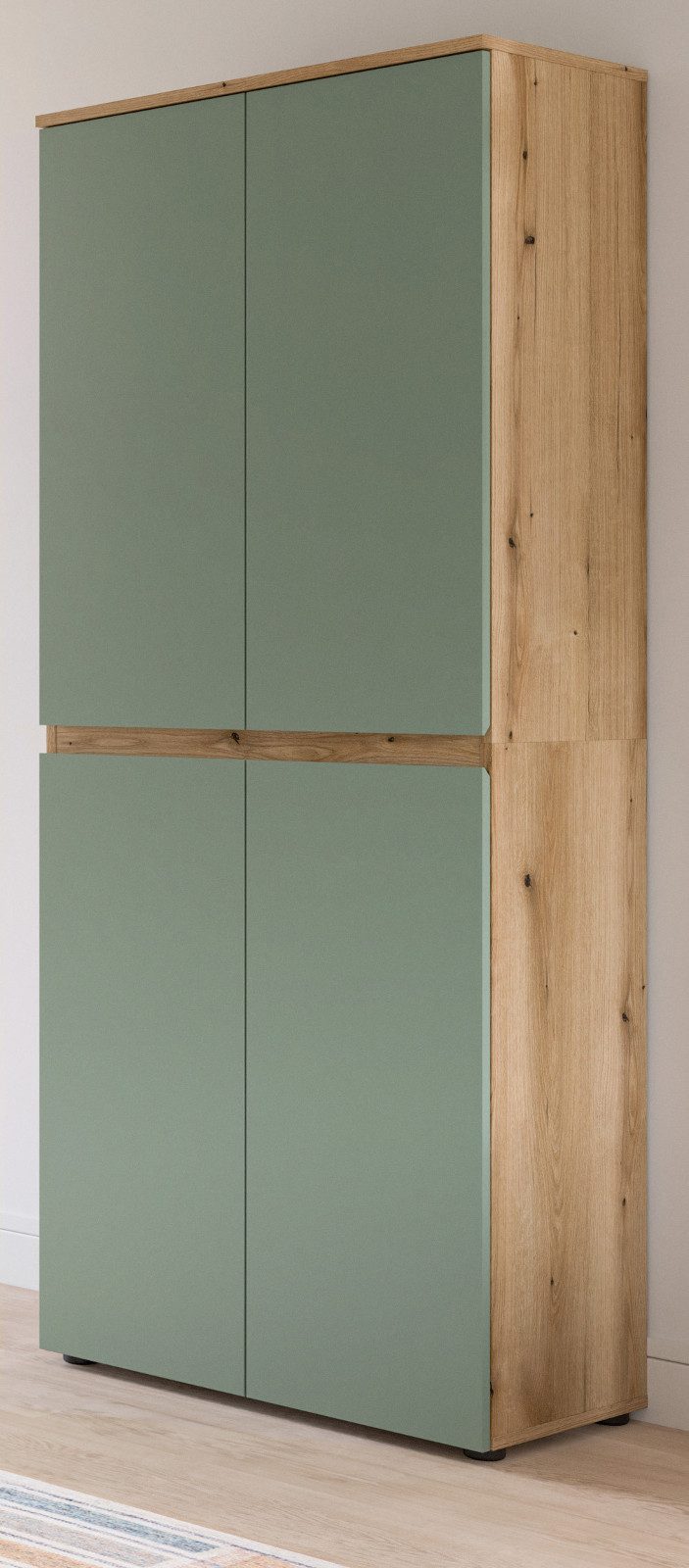 Inn.Furn Mehrzweckschrank Assino (Garderoben- und Schuhschrank in Eiche und Grün, 4-türig, 70 x 175 cm) variabel einrichtbar mit Kleiderstange und 7 Böden