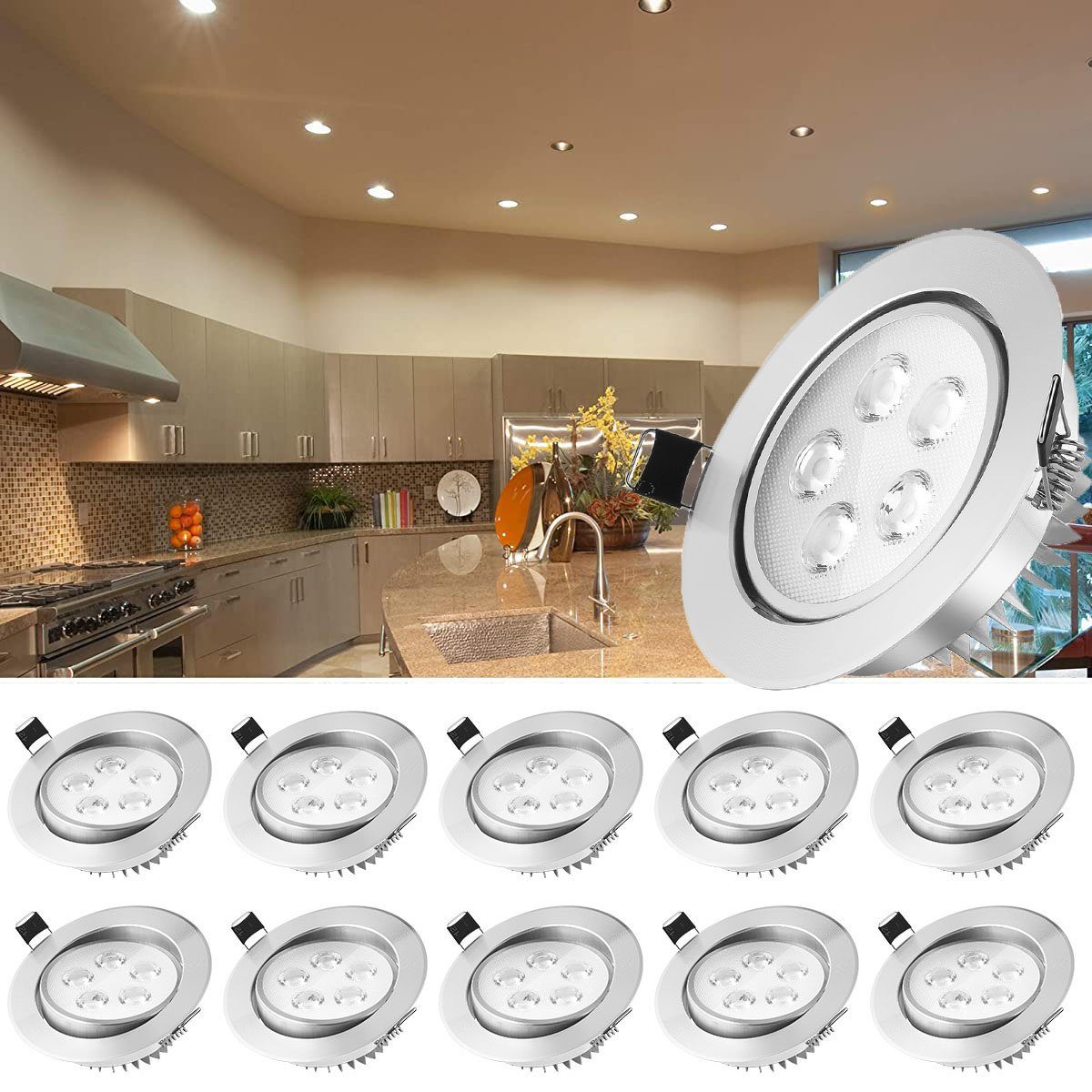LETGOSPT LED Einbauleuchte 10x Einbauspot Schwenkbar 5W Stücke Kaltweiß/Warmweiß, für Schlafzimmer, Deckenlampe Strahler, LED-Panel-Einbauleuchte 10 integriert, Einbauleuchte Wohnzimmer, 3W/5W LED LED fest Warmweiss Küche