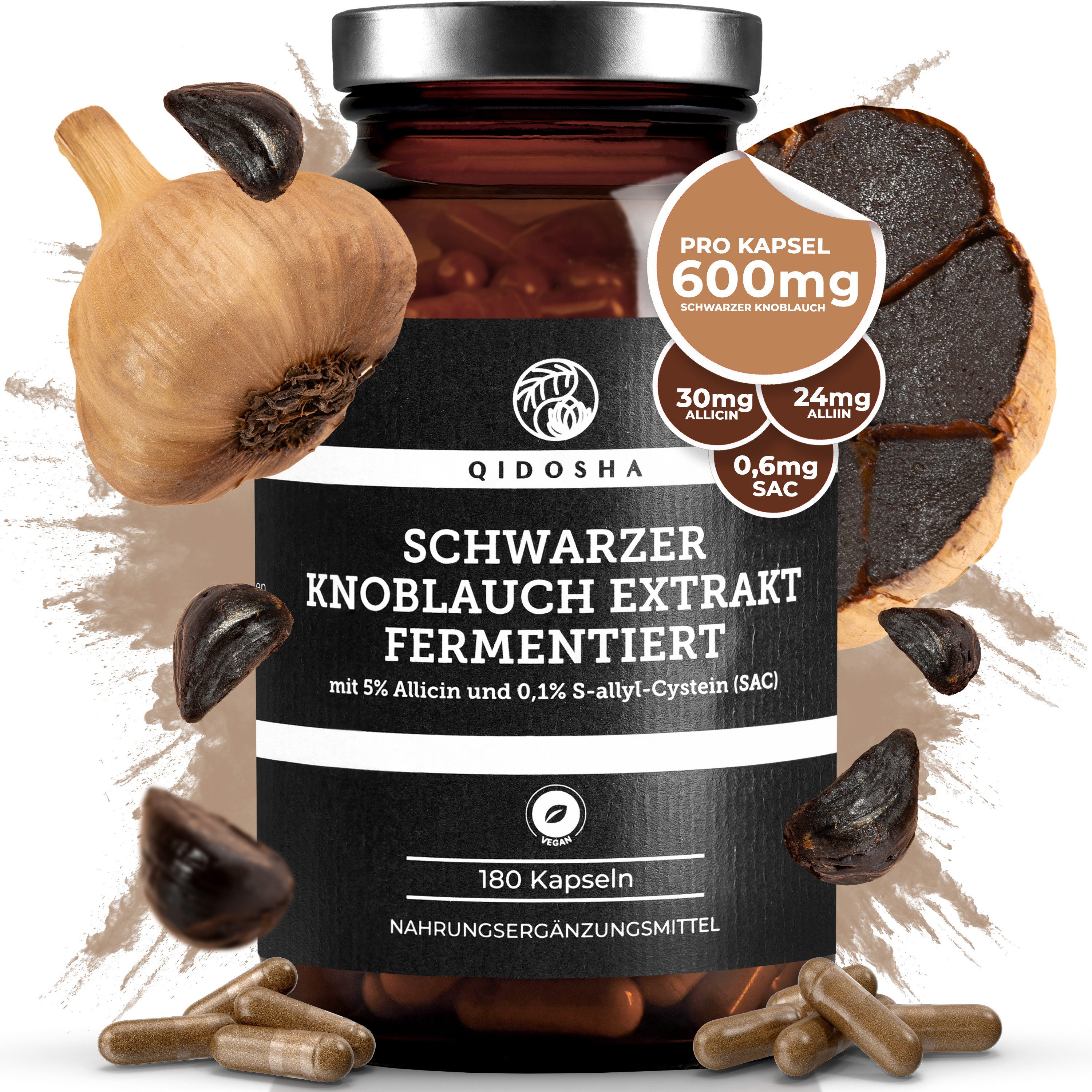 QIDOSHA Schwarzer Knoblauch Kapseln 600 mg fermentiert vegan Hartkapsel, 1 er Tagesvorrat 6 Monate Hochdosierter Schwarzer Knoblauch Extrakt Kapseln à 180 St., 128 g, Knoblauch Extrakt 600 mg fermentiert HPLC vegan 180 Kapseln