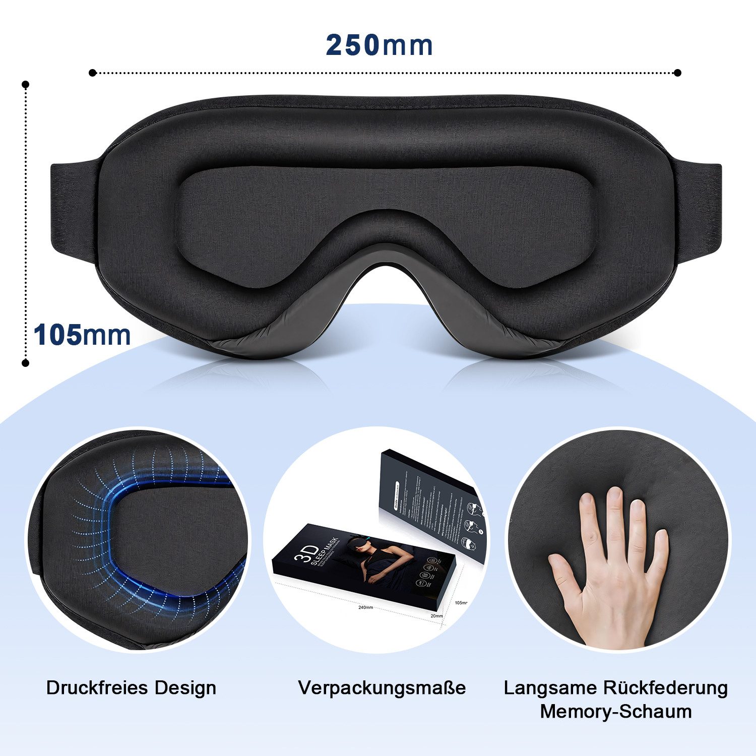 HEYHIPPO Schlafmaske Schlafmaske 3D lichtdicht verstellbar für Reisen & Seitenschläfer, Schlafbrille für Reisen & Flugzeug –atmungsaktiv, für Männer & Frauen, Schlafmaske lichtdicht Schwarz 25×10,5×2.7 cm für Reisen, Flug & Büro