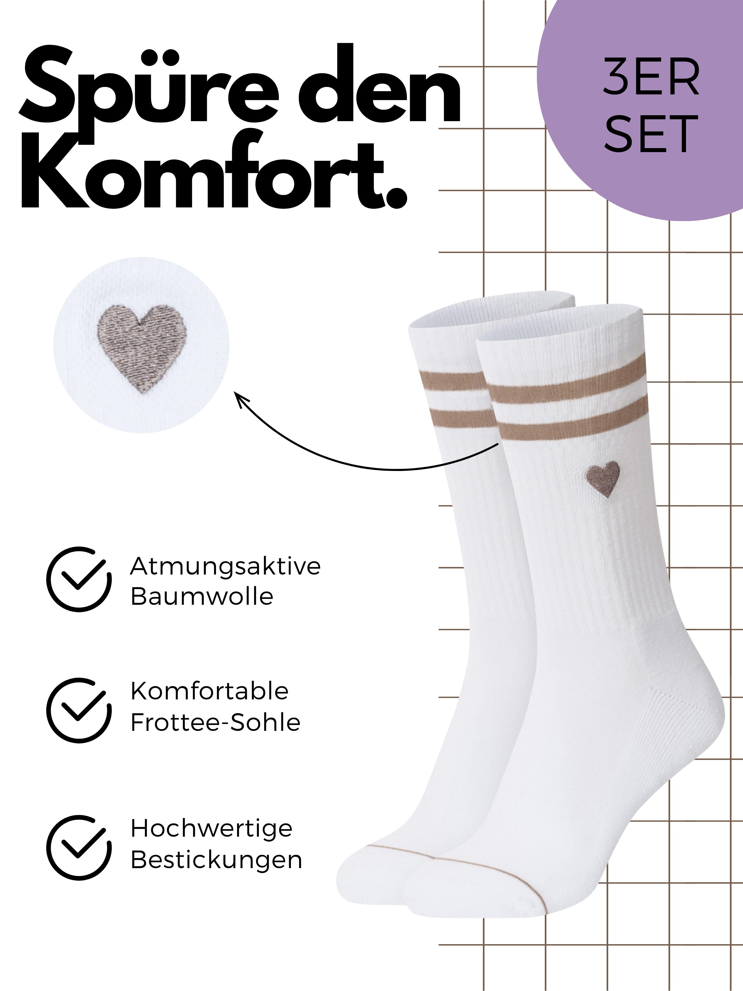 Studio Nolis Tennissocken Herz Socken Baumwolle Damen Crew Socks Stickerei Streifen (Set, 3 Paar)