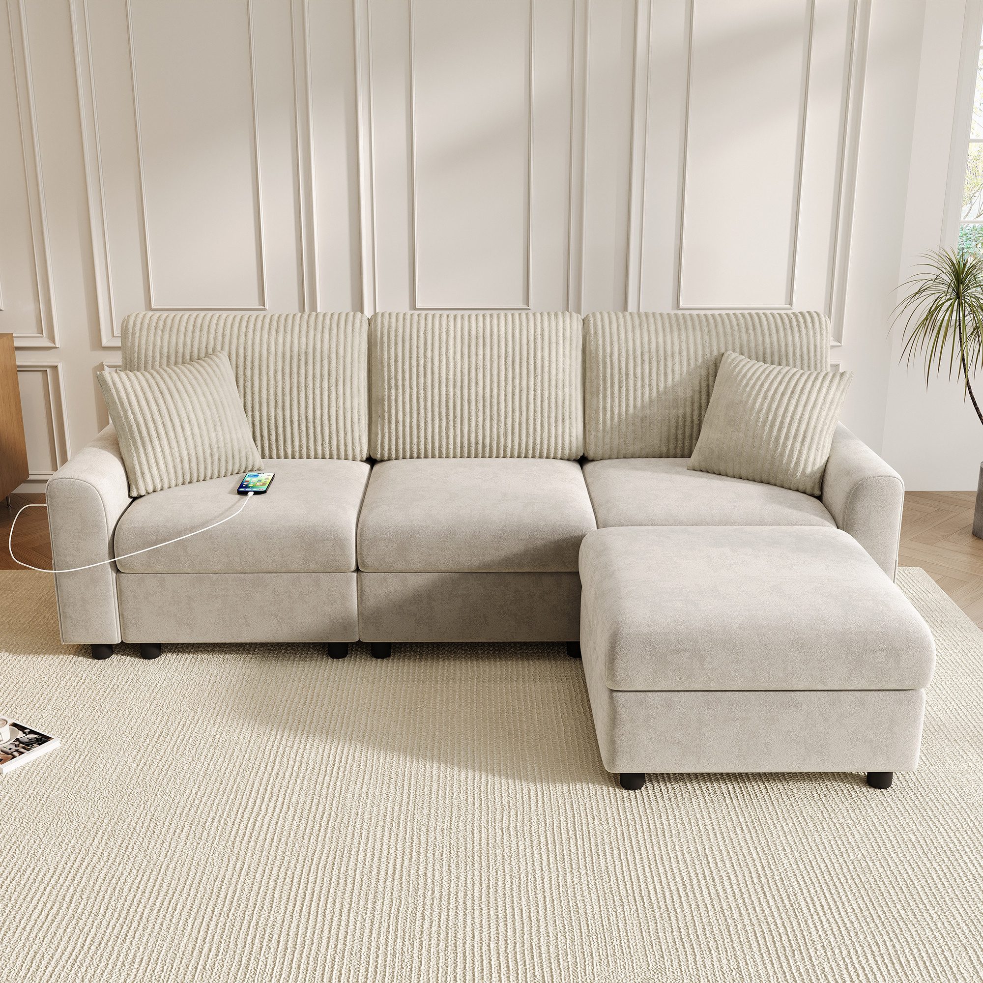 Celya Sofa mit 1 Fußhocker und integrierte Ladefunktion, mit 2 quadratischen Kissen, 1 USB-Anschluss und 1 Type-C-Anschluss, Geeignet für Wohnzimmer
