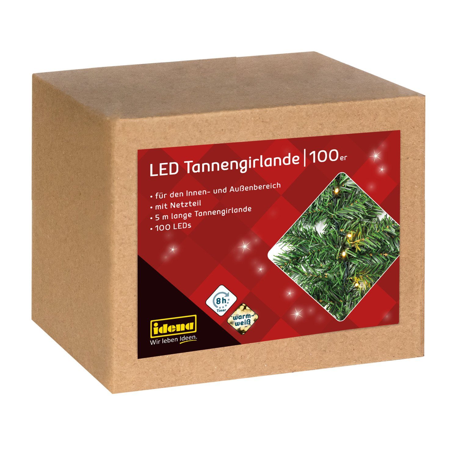 Idena LED-Lichterkette Idena 31870 - LED Tannengirlande mit 100 LEDs in Warmweiß, mit 8 Stund
