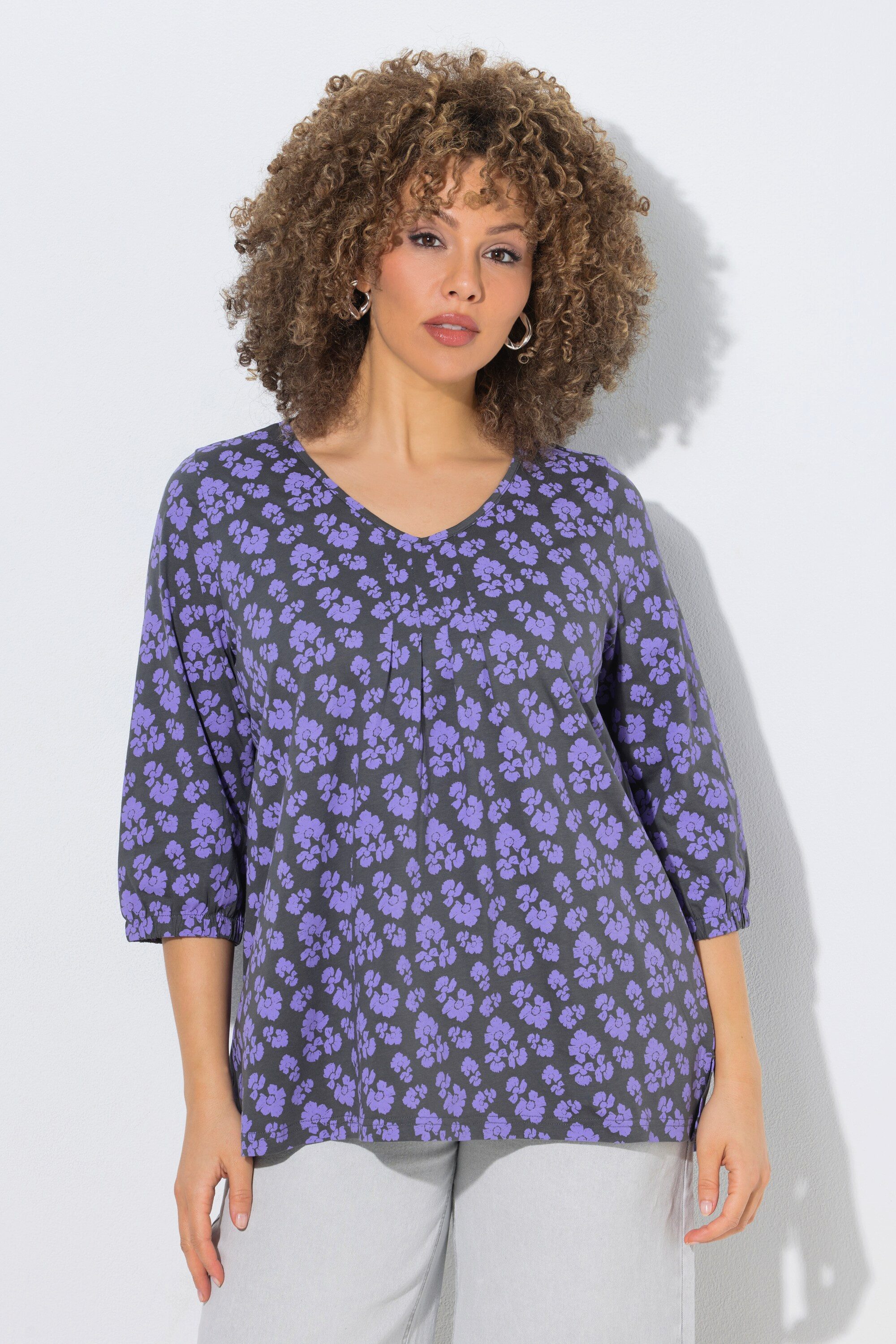 Ulla Popken T-Shirt Shirt Zierfalte Oversized V-Ausschnitt 3/4-Arm