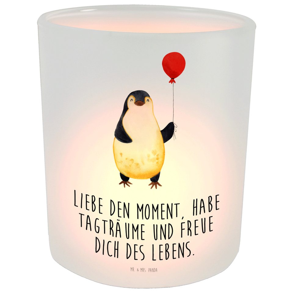 Mr. & Mrs. Panda Windlicht Pinguin Luftballon - Transparent - Geschenk,  Teelichter, Windlicht Gl (1 St), Farbecht