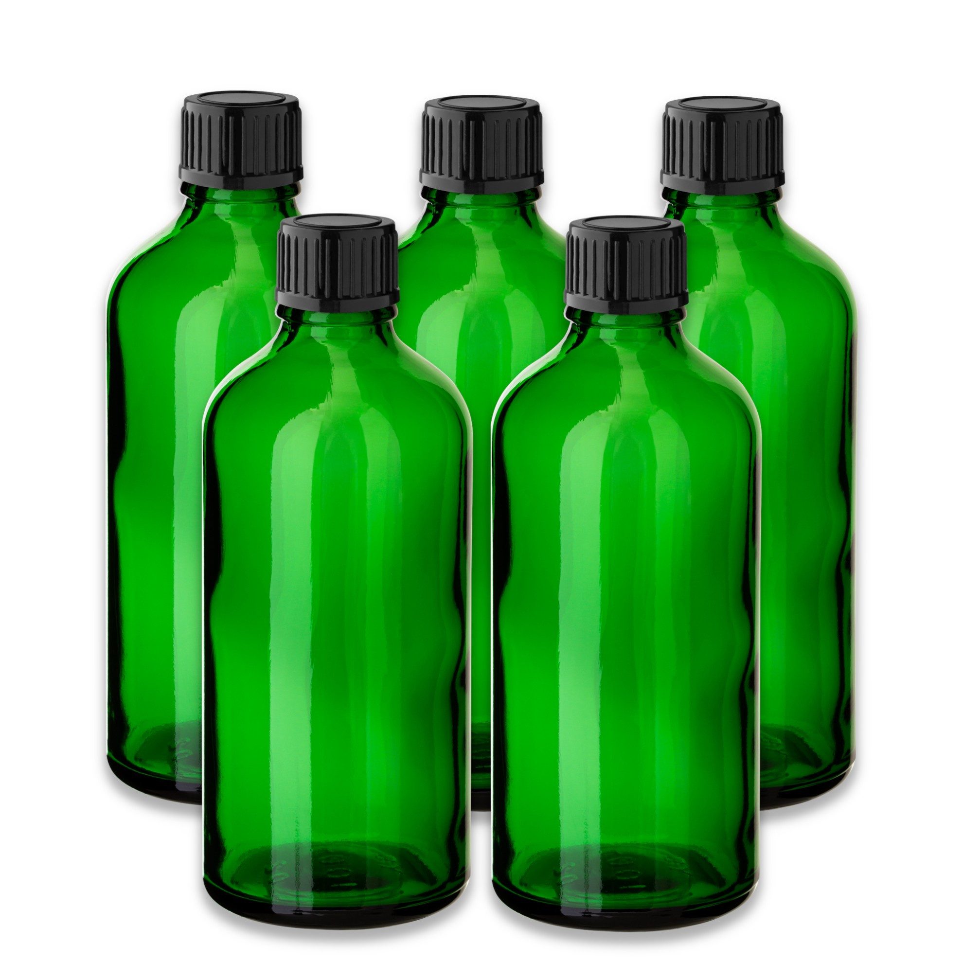 CK Verpackung GmbH Leerglas 5x Grüne Glasflasche 100 ml mit schwarzem PP-Schraubverschluss 18 mm (Set x5)