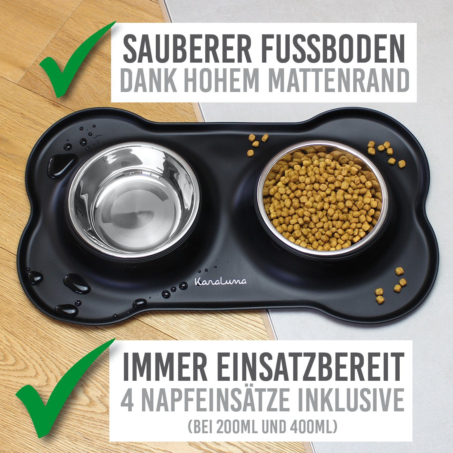 KaraLuna Futternapf Silikon Napfunterlage mit Edelstahl Näpfen I Hundenapf Katzennapf, Edelstahl