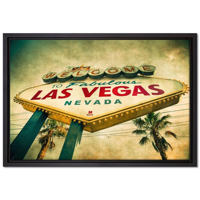 Pixxprint Leinwandbild Las Vegas Ortsschild Wanddekoration (1 St) Leinwandbild fertig bespannt in einem Schattenfugen-Bilderrahmen gefasst inkl. Zackenaufhänger