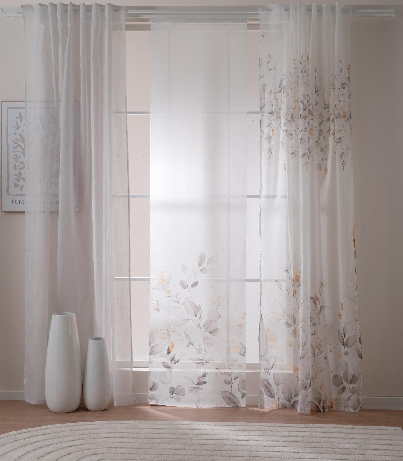 Home4You Vorhang, 140 x 245 cm, Weiß, Grau, Goldgelb, (1 St), verdeckte Schlaufen, halbtransparent, Polyester, mit Blättermotiven