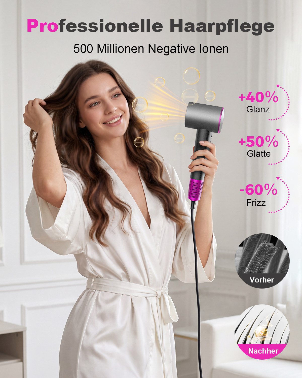 AOMIAO Haartrockner Ionen-Technologie, Föhn mit Diffusor und Konzentrator Düse, 1600 W, Ionenpflege Anti-Frizz, leise & schnelle Trocknung, reisefreundlich – Bild 4 von 5