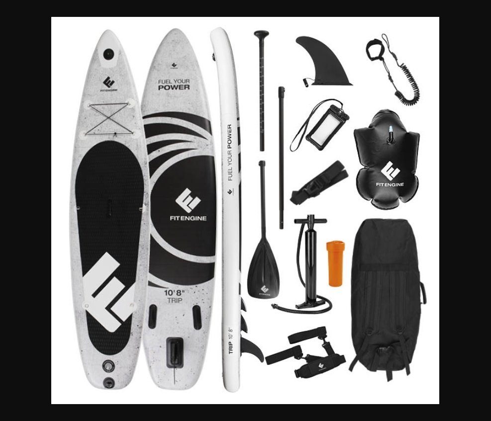 FitEngine Inflatable SUP-Board inkl komplett Zubehör Stand Up Paddle Board 325cm, 140kg belastbar inkl. Rucksack Drybag Handyhülle