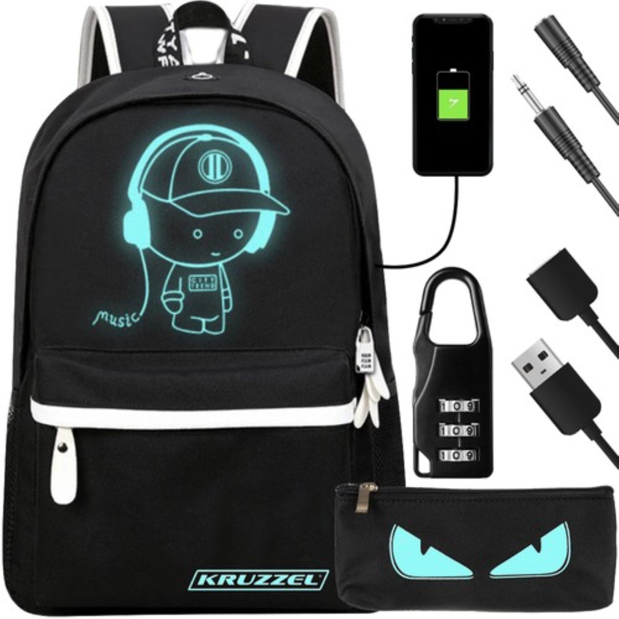 KRUZZEL Freizeitrucksack Wasserdichter Rucksack USB Anschluss Reflektoren Schule Arbeit Reise (Rucksack Komplettset für Schule & Reisen, Schulrucksack Set mit Schloss, Kabel & Federmäppchen), Reflektierender USB-Rucksack mit Kopfhöreranschluss
