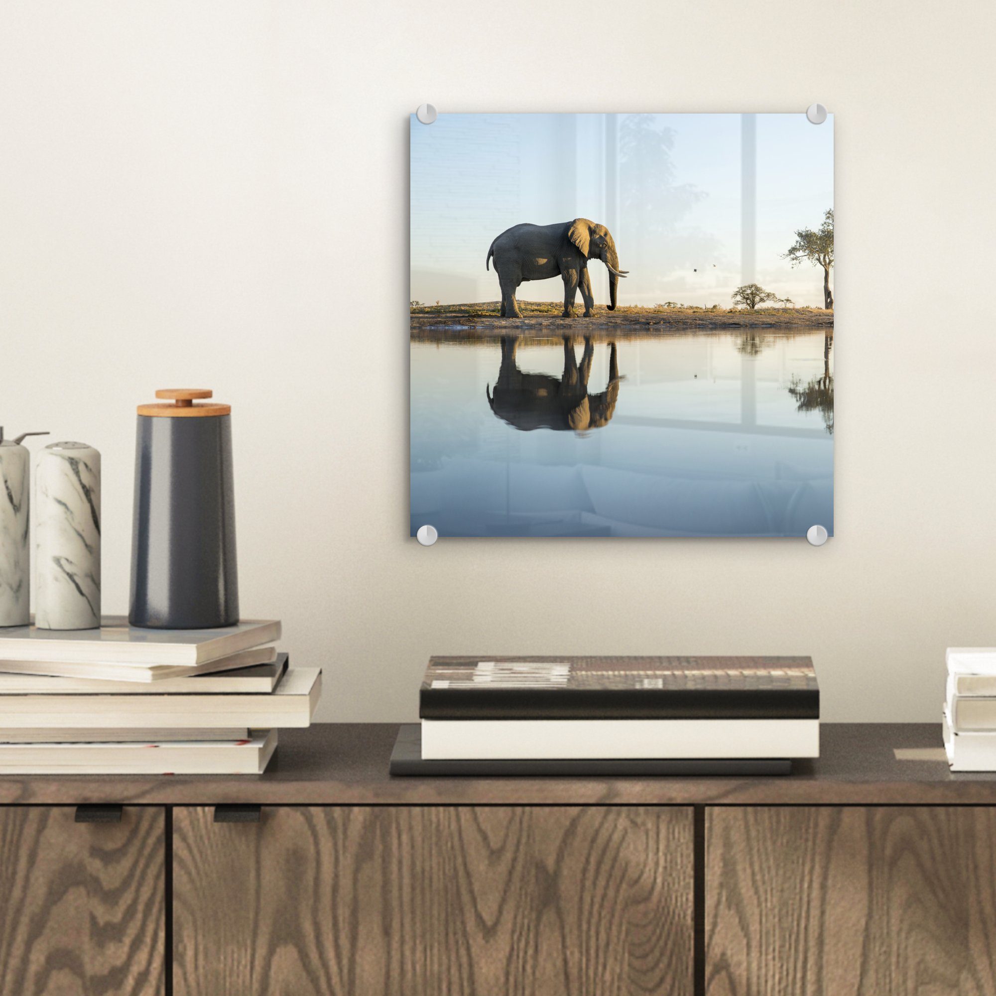 Acrylglasbild Wandbild - Glas Foto - (1 Wanddekoration St), auf - auf Glas - Tiere Wasser Glasbilder - Bilder - MuchoWow Elefant - Natur, Bäume