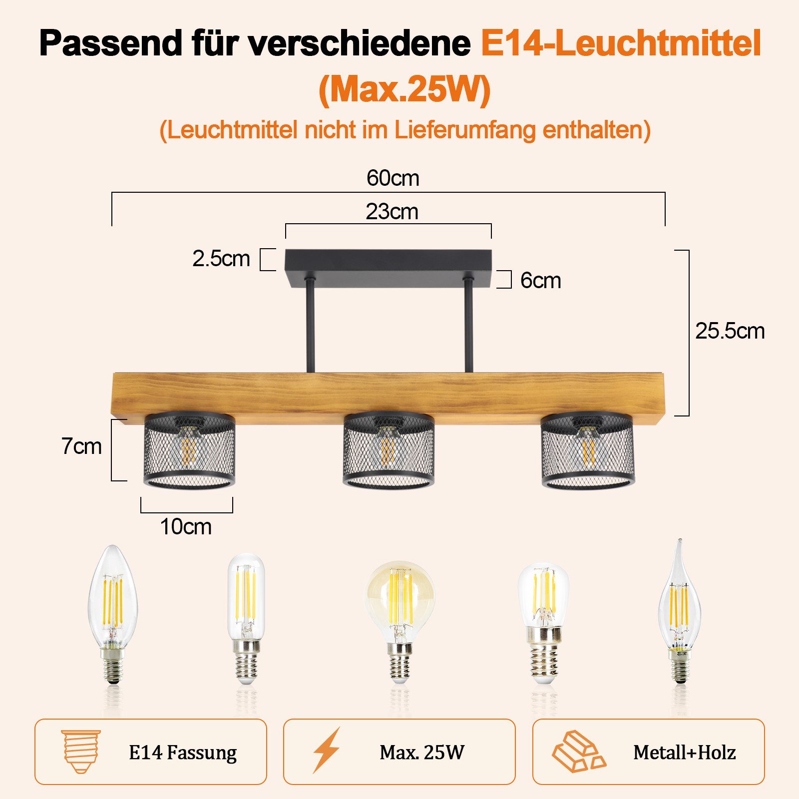 ZMH Deckenleuchte Vintage 3 Flammig Holz E14 Deckenlampe Metall für Küche & Schlafzimmer, ohne Leuchtmittel, Kompakte Bauweise mit maximaler Lichtwirkung