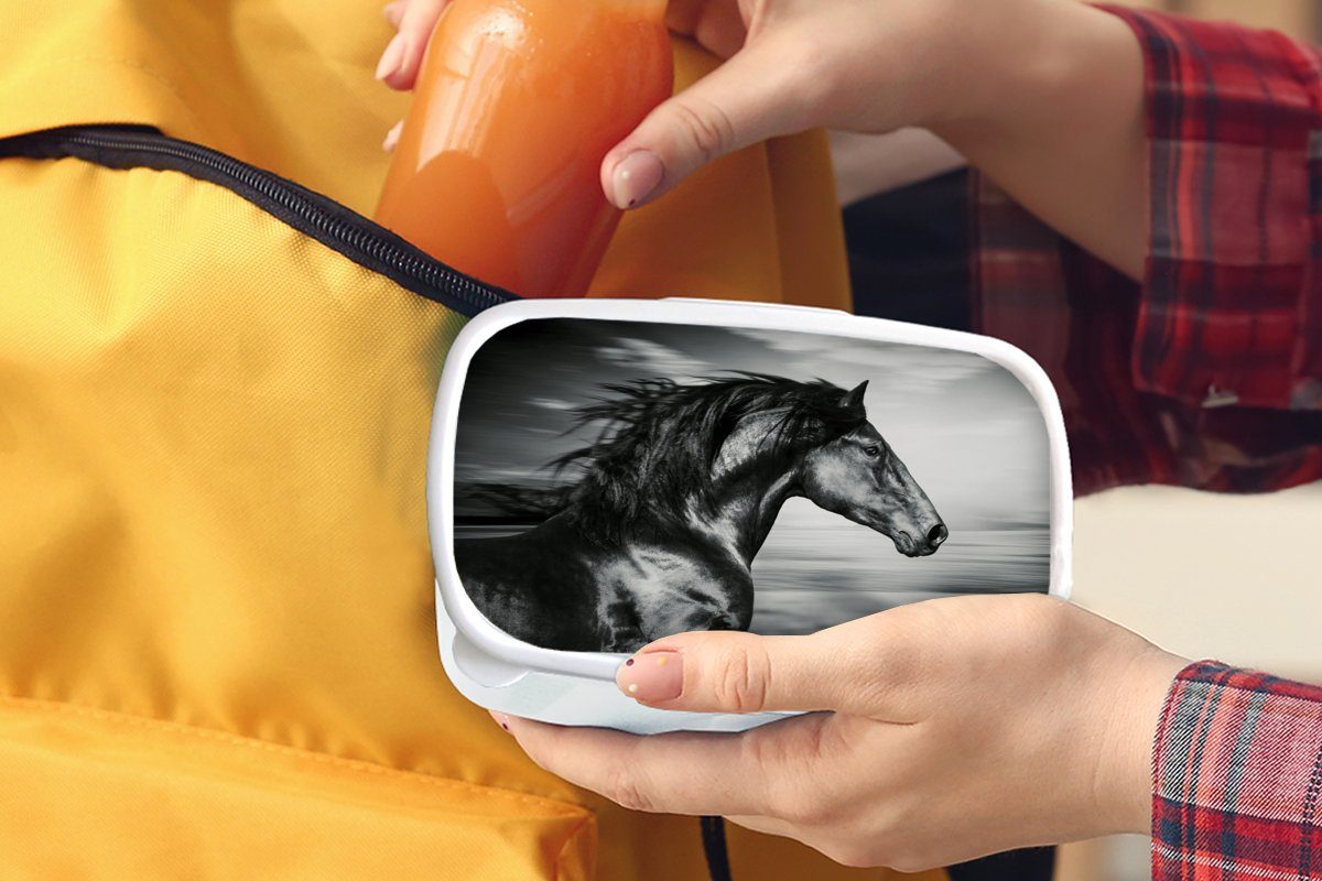 MuchoWow Lunchbox Pferd Brotdose, Mädchen - für und Kunststoff, Jungs - Kinder und Schwarz Erwachsene, - Weiß, Brotbox Tiere (2-tlg), für