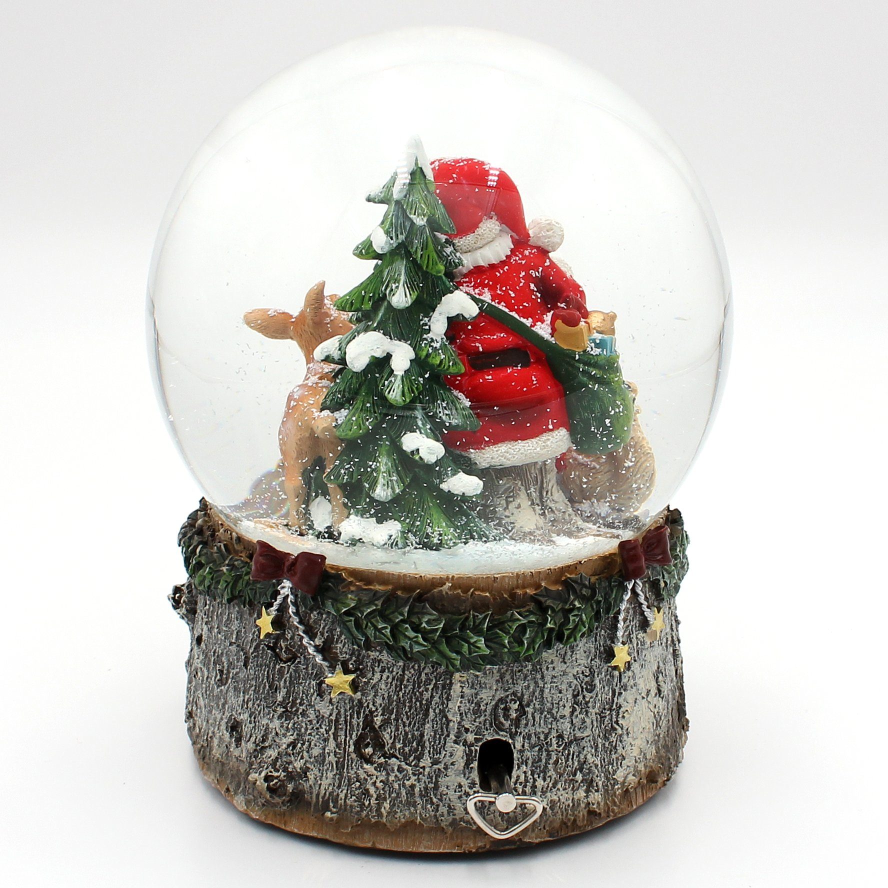 Dekohelden24 Schneekugel XXL Schneekugel, Weihnachtsmann mit Reh und Tannenbaum, mit Sound, (1 St)