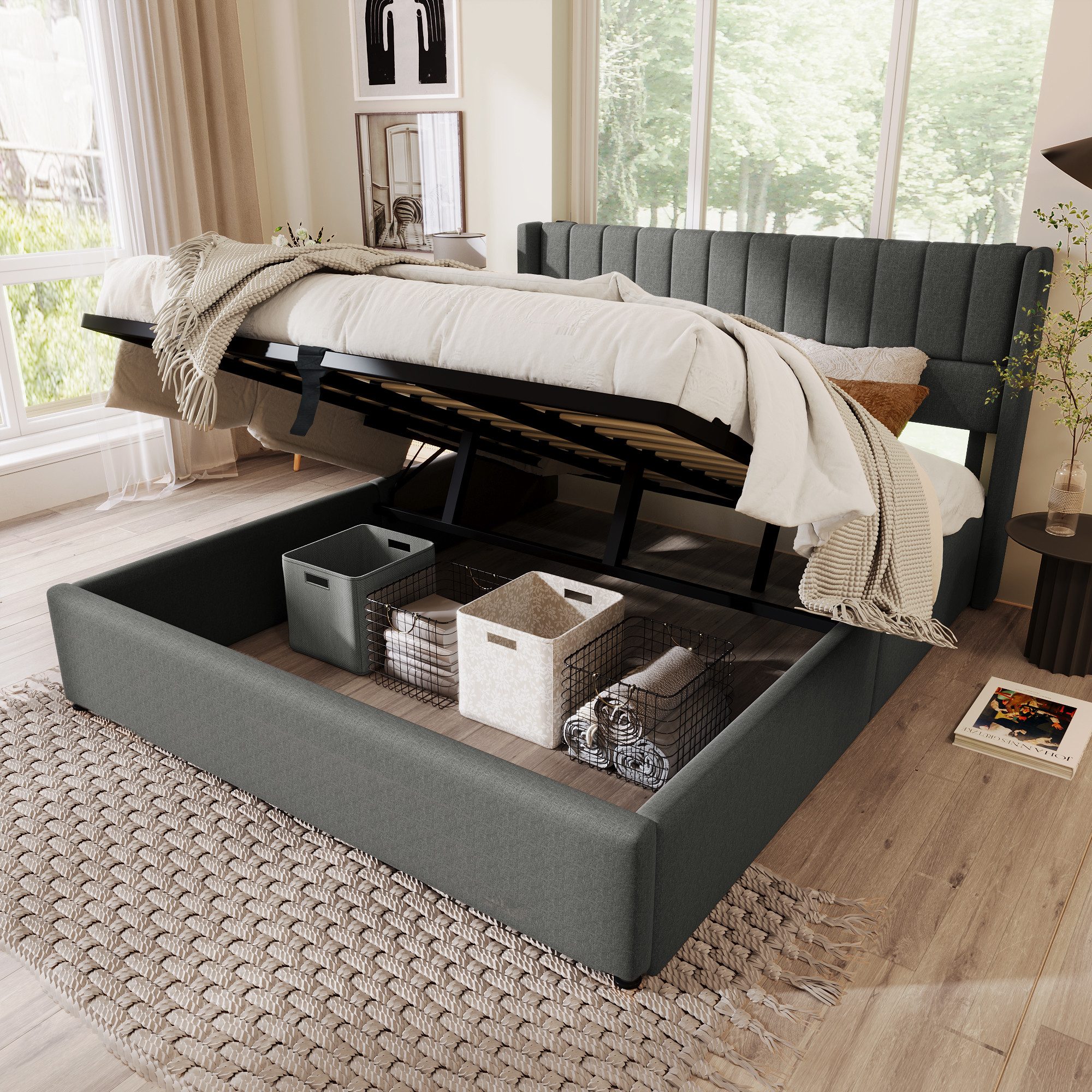 Luckice Upholstered Bed Storage Bed Hydraulic Double Bed 180x200cm (Slatted base made of wood, bed with slatted base made of metal frame)