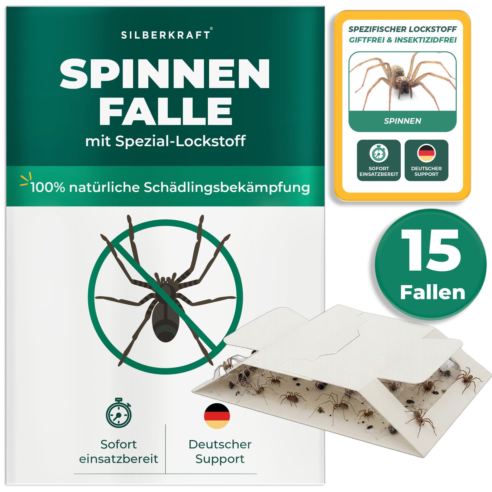 Silberkraft Insektenfalle Spinnenfalle mit Spezial-Lockstoff Frühzeitige Befallsüberwachung, Giftfrei & geruchlos, Bis zu 12 Wochen wirksam, Einfache Anwendung