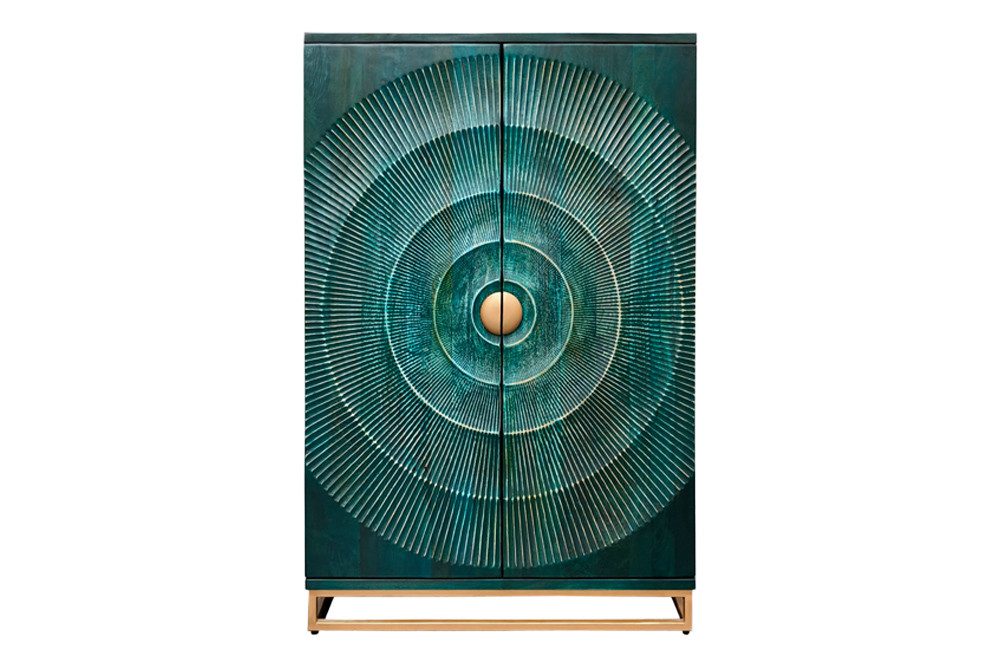 riess-ambiente Barschrank GOLDEN SUNSET 140cm türkis/gold- Mangoholz, Metall, Lack, Handarbeit (Einzelartikel, 1-St) Massivholz · Küche · Wohnzimmer · Stauraum · 24 Flaschen · 3D Front