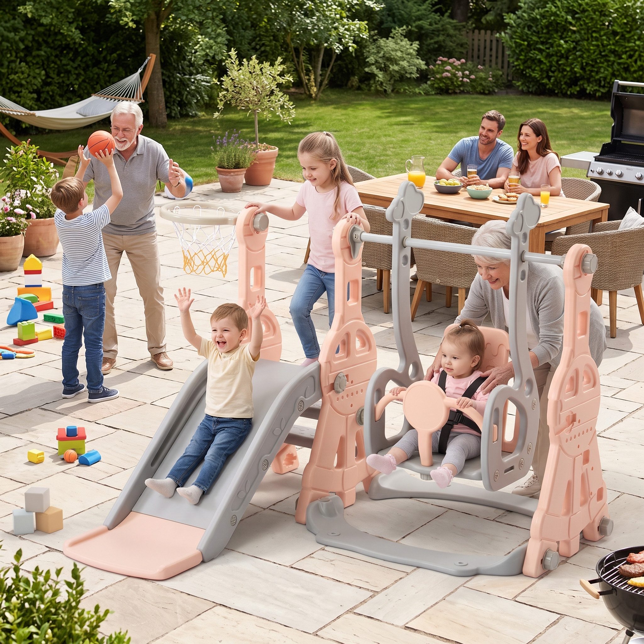 Simurq Indoor-Rutsche Kinderrutsche 4 in 1 Mit Rutsche,Schaukel,Klettergerüst,Basketballkorb, (kinderrutsche Outdoor, Kinder Rutsche), Gartenrutsche, Kinder Spielplatz,Rosa/Blau