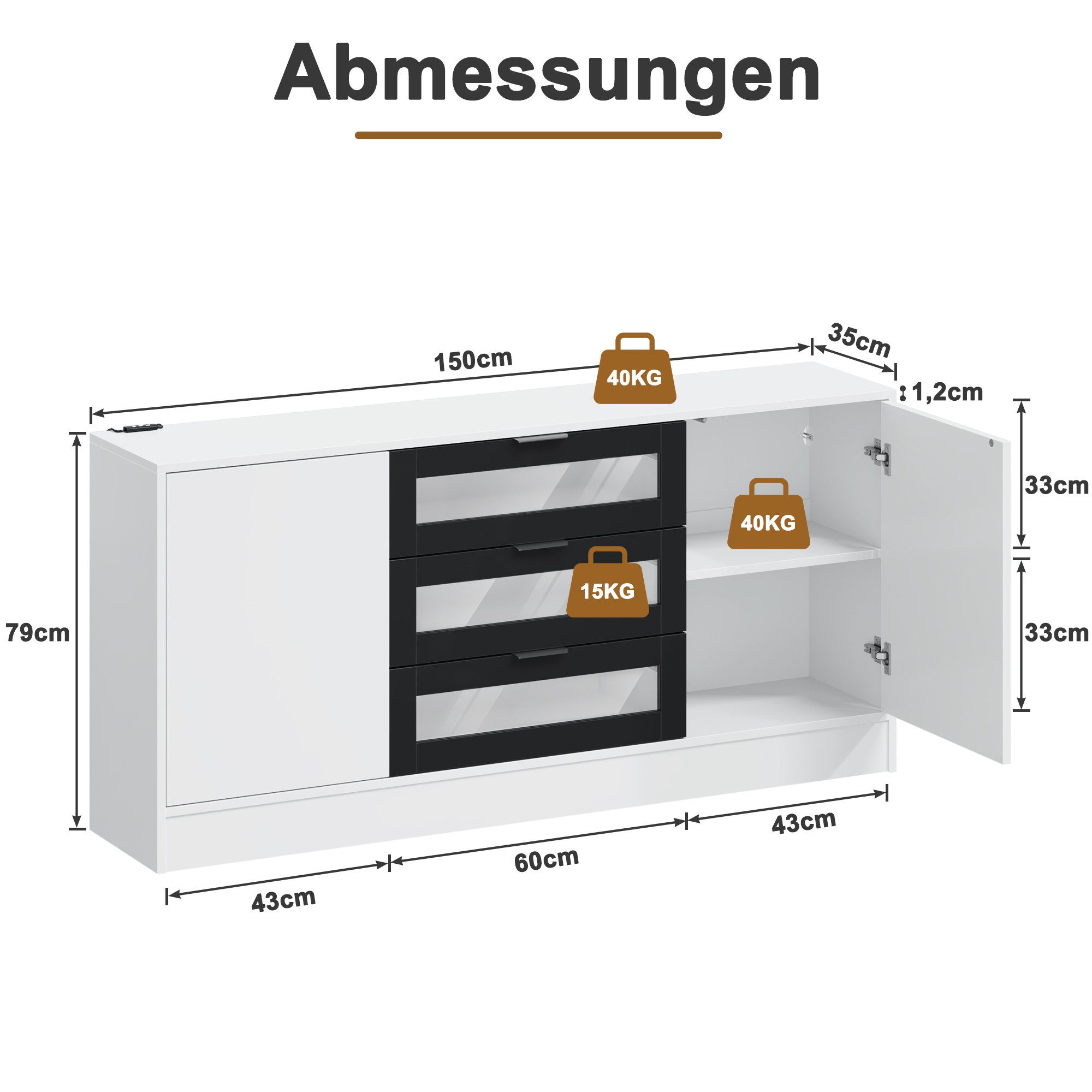 OYRREU Sideboard moderner Mehrzweckschrank mit LED-Vitrine, weiß, OTTO’S CHOICE (Schrank, Set, Wohnzimmer, Esszimmer, Büro, 2 Türen, 3 Schubladen, 150 x 35 x 80 cm), Aufbewahrungsschrank
