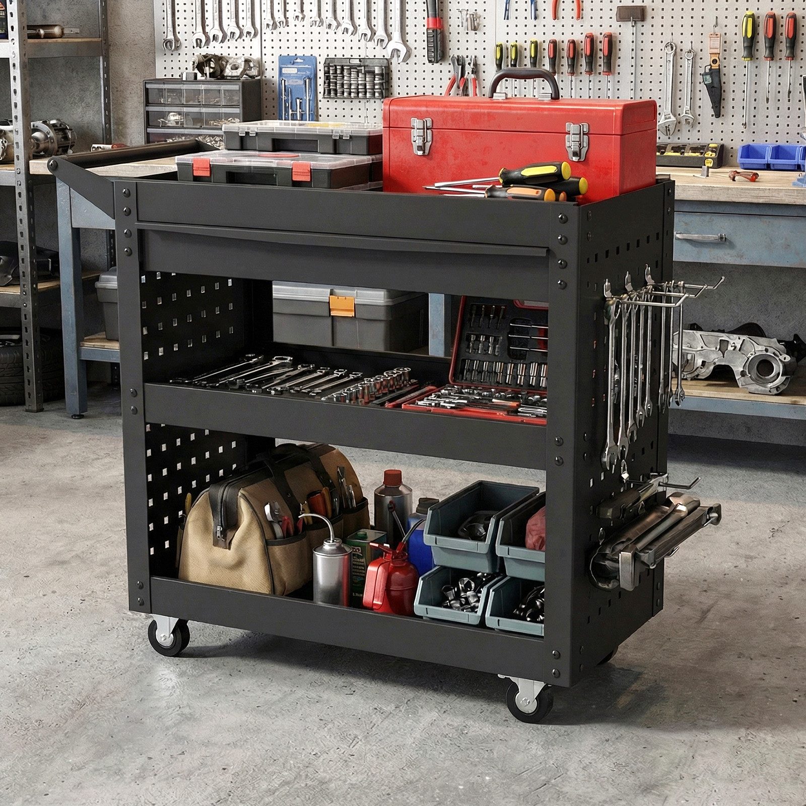 COSTWAY Werkzeugwagen, Mit großer Schublade, 2 Lochplatten & 8 Haken