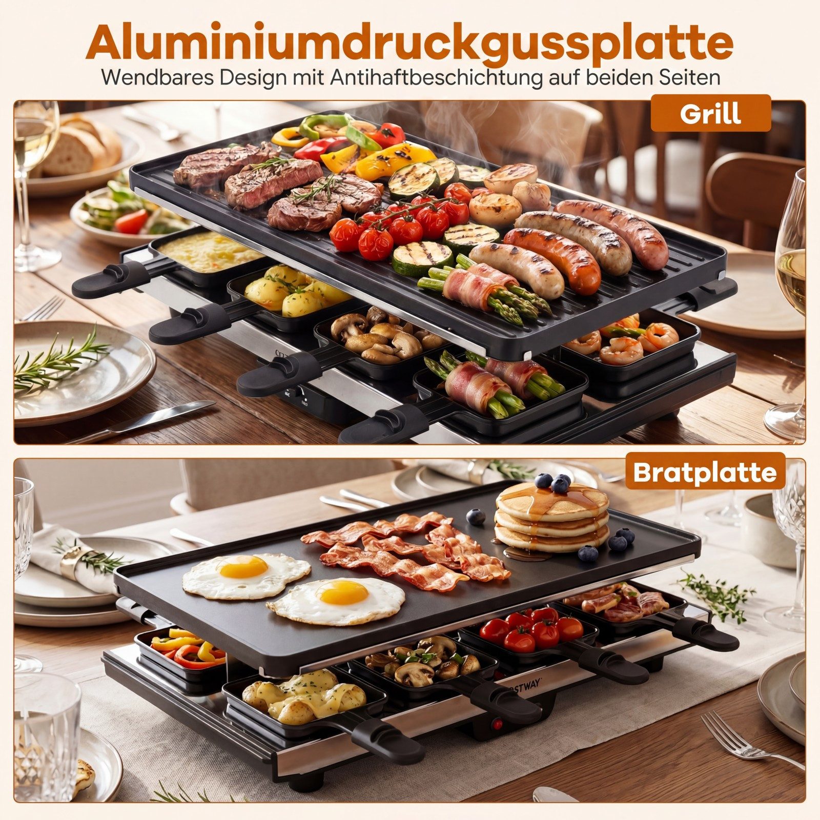 COSTWAY Raclette, 8 Raclettepfännchen, 1400 W, wendbarer Antihaft-Grillplatte