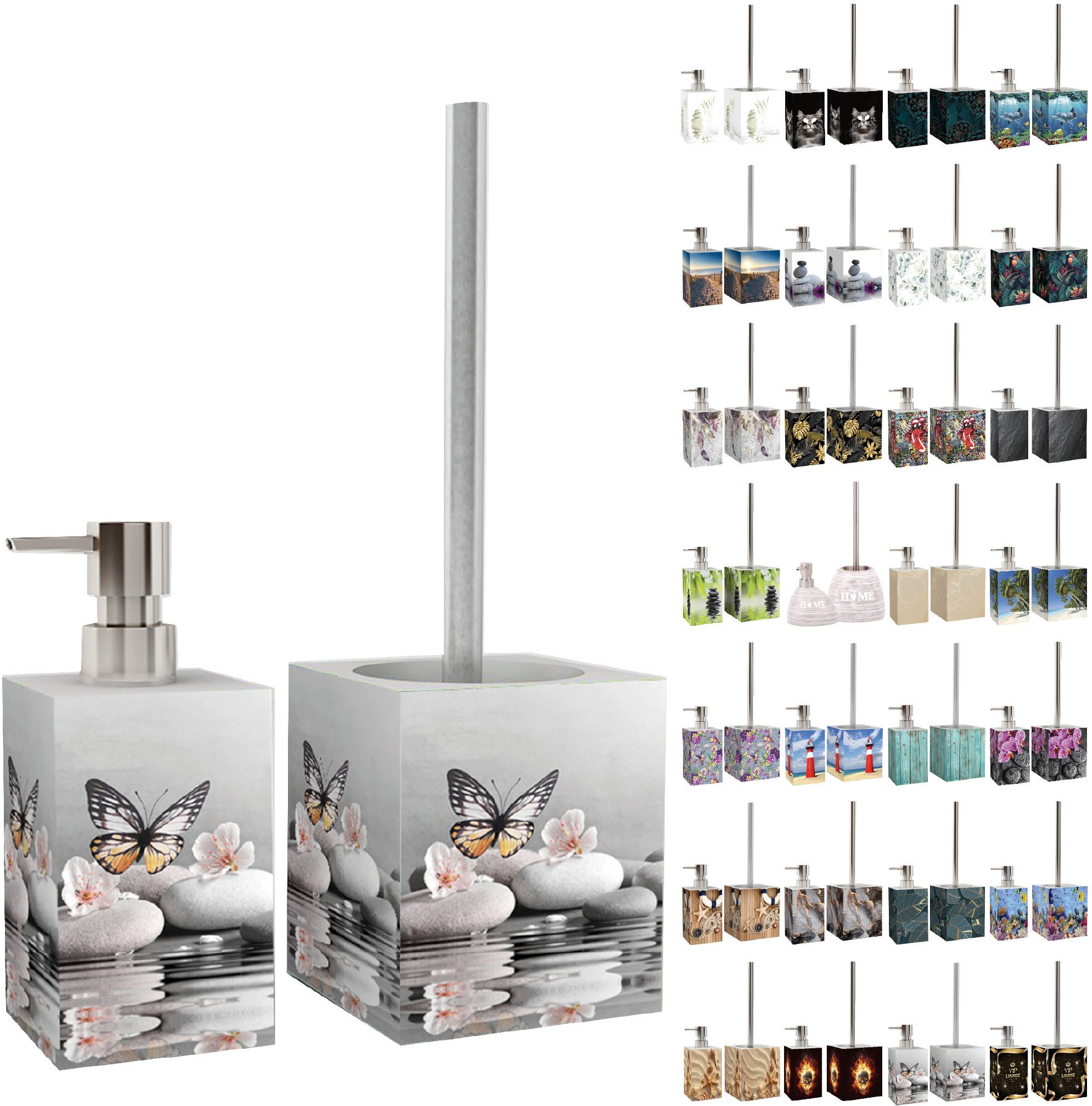 Sanilo Badaccessoire-Set mit Motiv, viele schöne Seifenspender und WC Bürsten zur Auswahl, Klobürste mit auswechselbaren Bürstenkopf, 2 tlg., 2-tlg., Desinfektionsspender mit stabiler Pumpe, hochwertig & modern