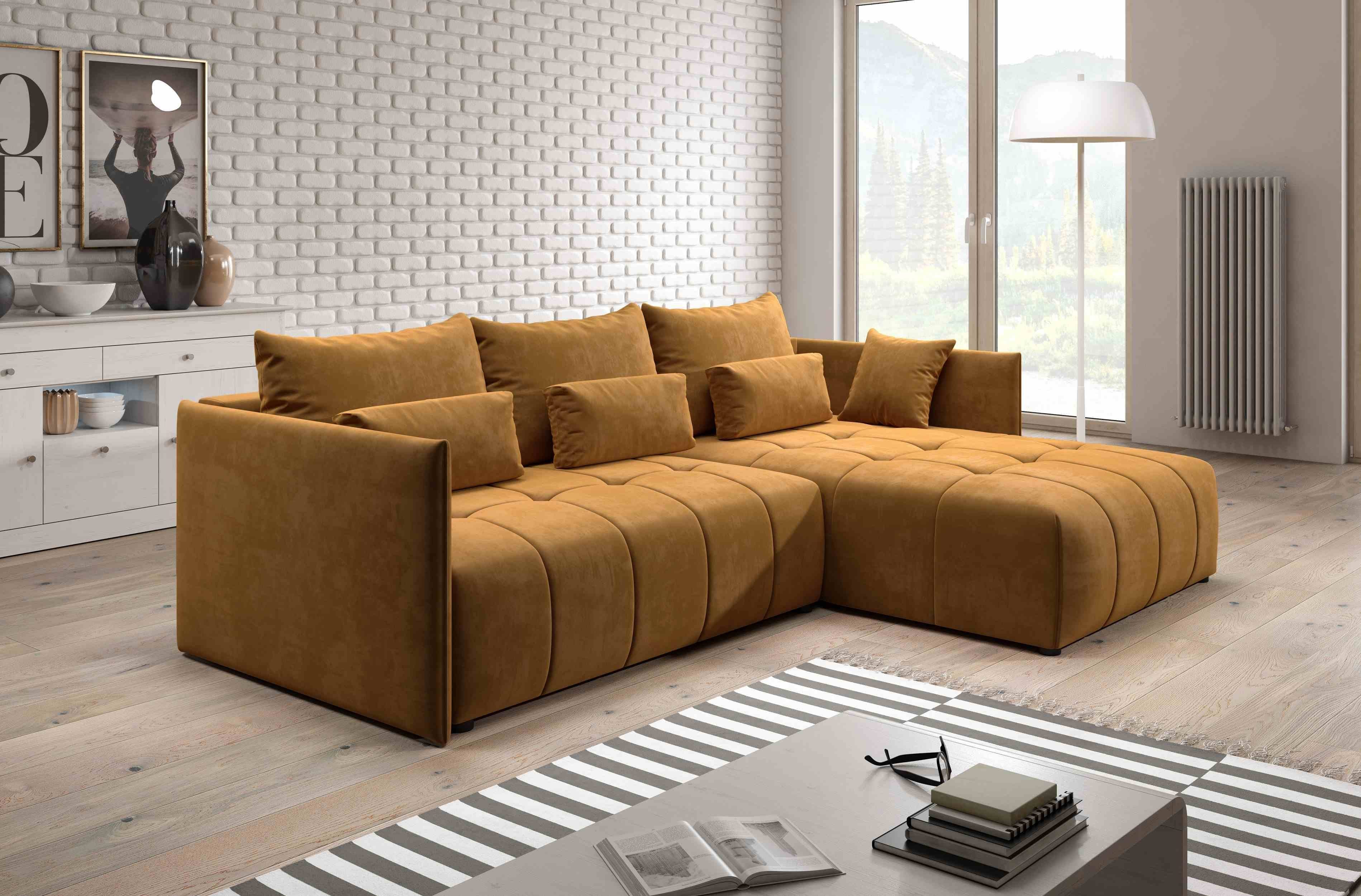 Furnix Ecksofa YALTA Schlafsofa Couch ausziehbar mit Bettkasten und Kissen, Made in Europe Dark Orange MH 48