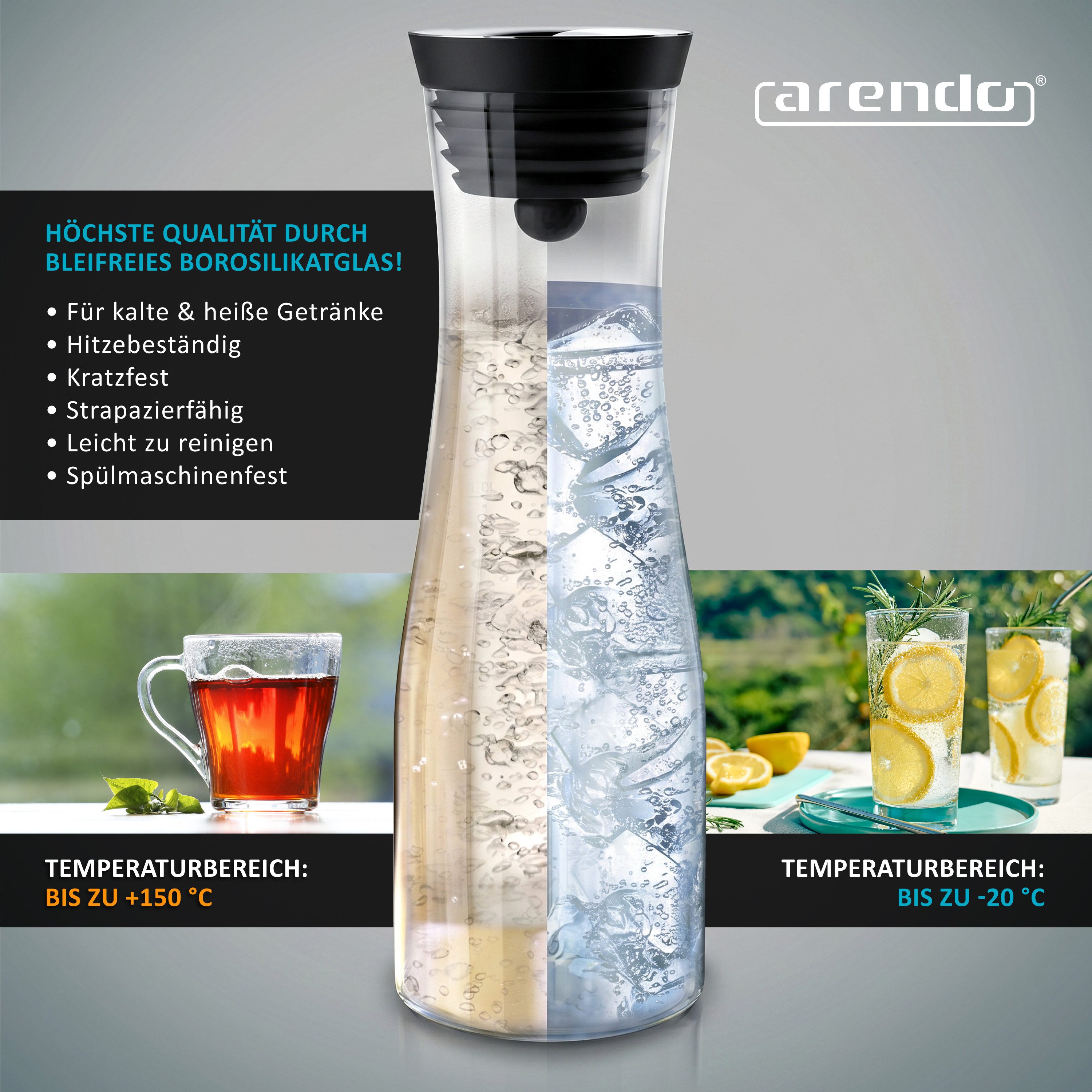 Arendo Karaffe Glaskaraffe 1200 ml mit Deckel, Wasserkaraffe mit Edelstahl Grobfilter, Borosilikatglas, 1,2 L, Sieb, hitze- und kältebeständig, BPA-frei