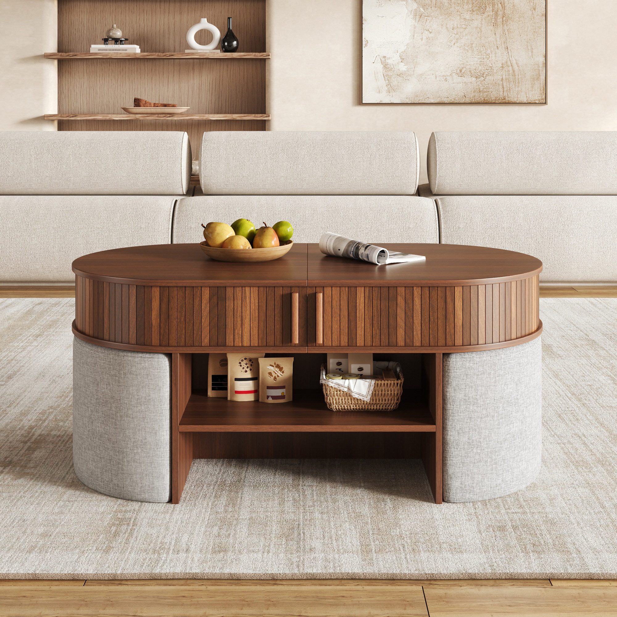 Merax Couchtisch Ovaler Sofatisch Beistelltisch mit Stauraum und Hockern (Aufbewahrungstisch mit vertikaler Rillenoptik, 1-St., 120 L x 60 B x 51,5 H cm), Wohnz – Bild 4 von 5